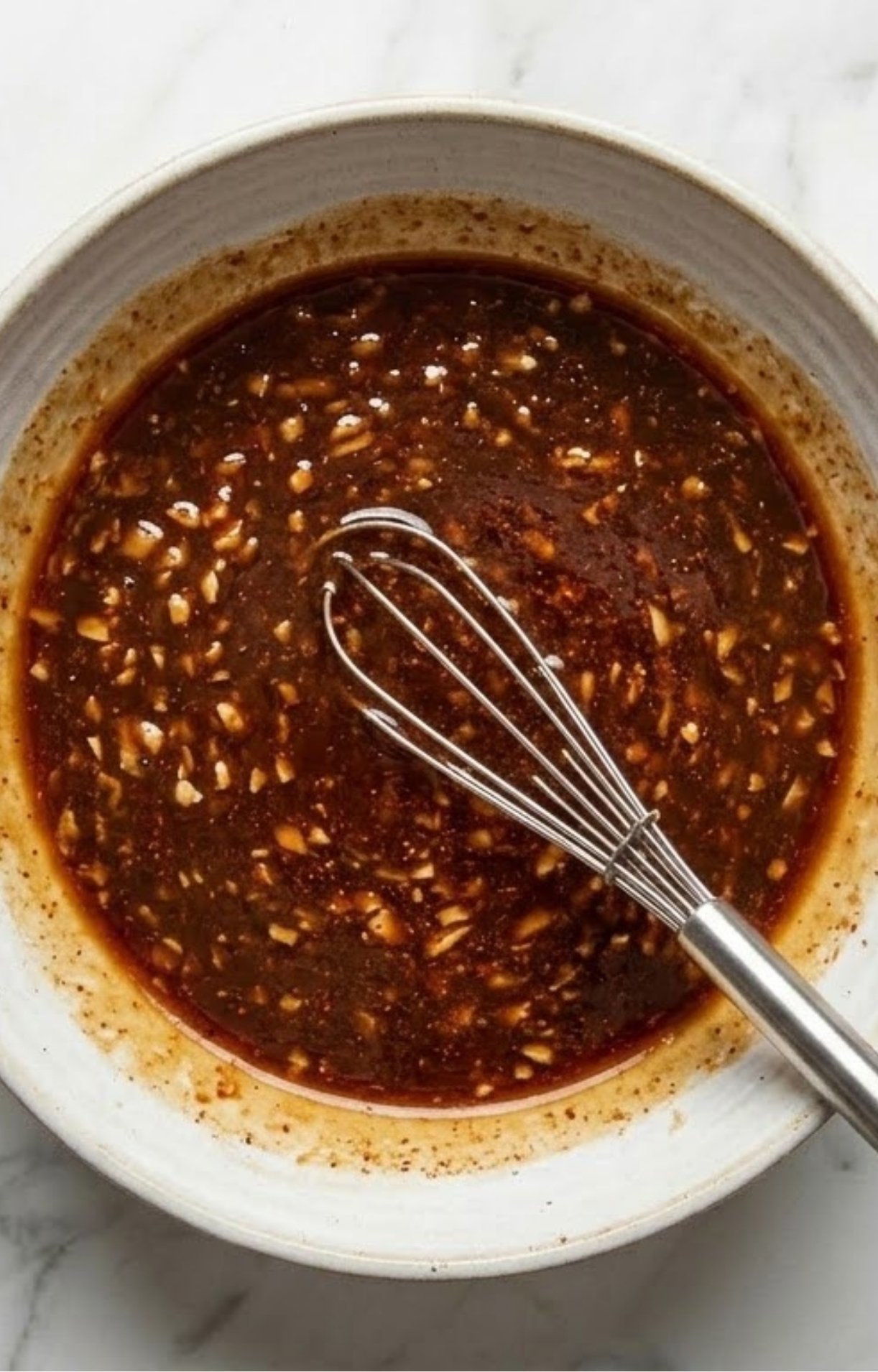 A metal whisk stirring a dark, thick savory sauce in a white ceramic bowl, showing visible bits of minced garlic and spices integrated into the mixture.