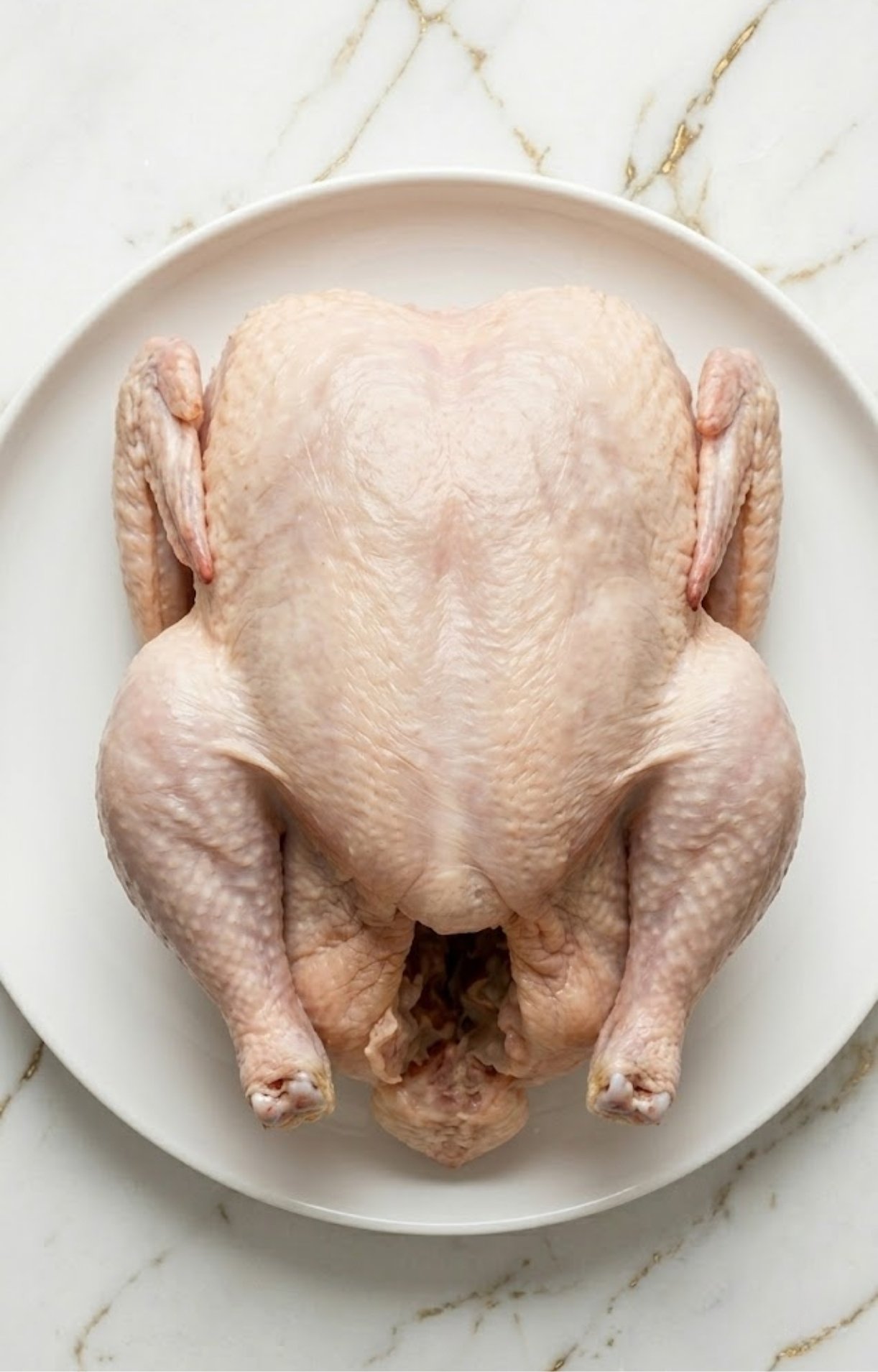 A fresh, raw whole chicken placed on a white ceramic plate, ready for seasoning.