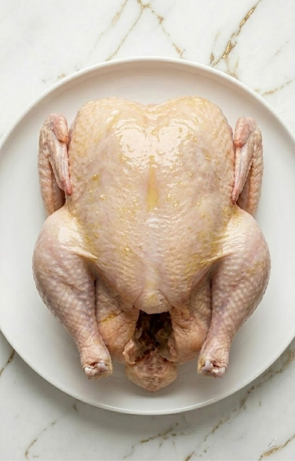 Raw whole chicken brushed with a light layer of vegetable oil to help the dry rub adhere.