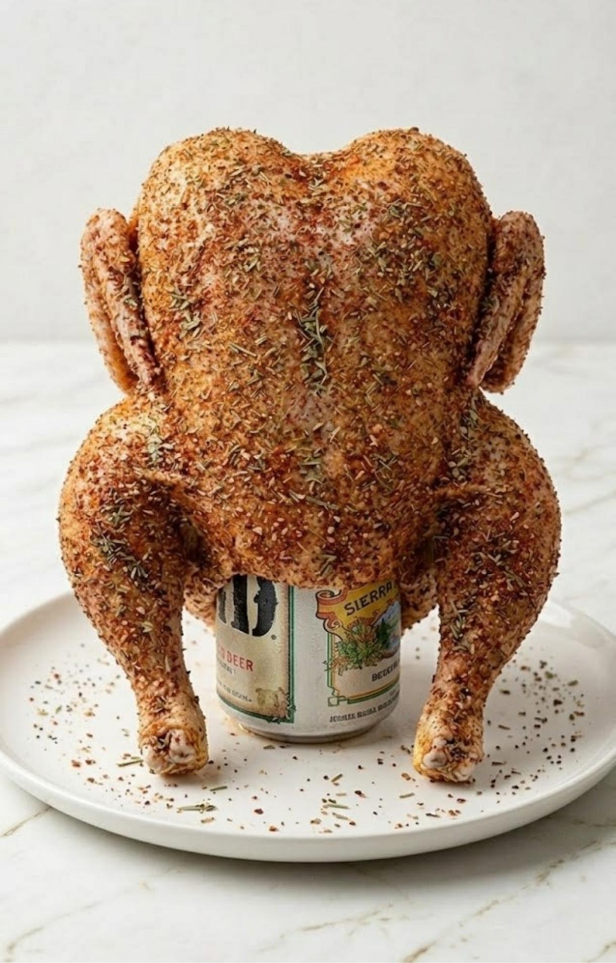 The chicken standing upright on a beer can, fully coated in a vibrant, herb-flecked spice blend.
