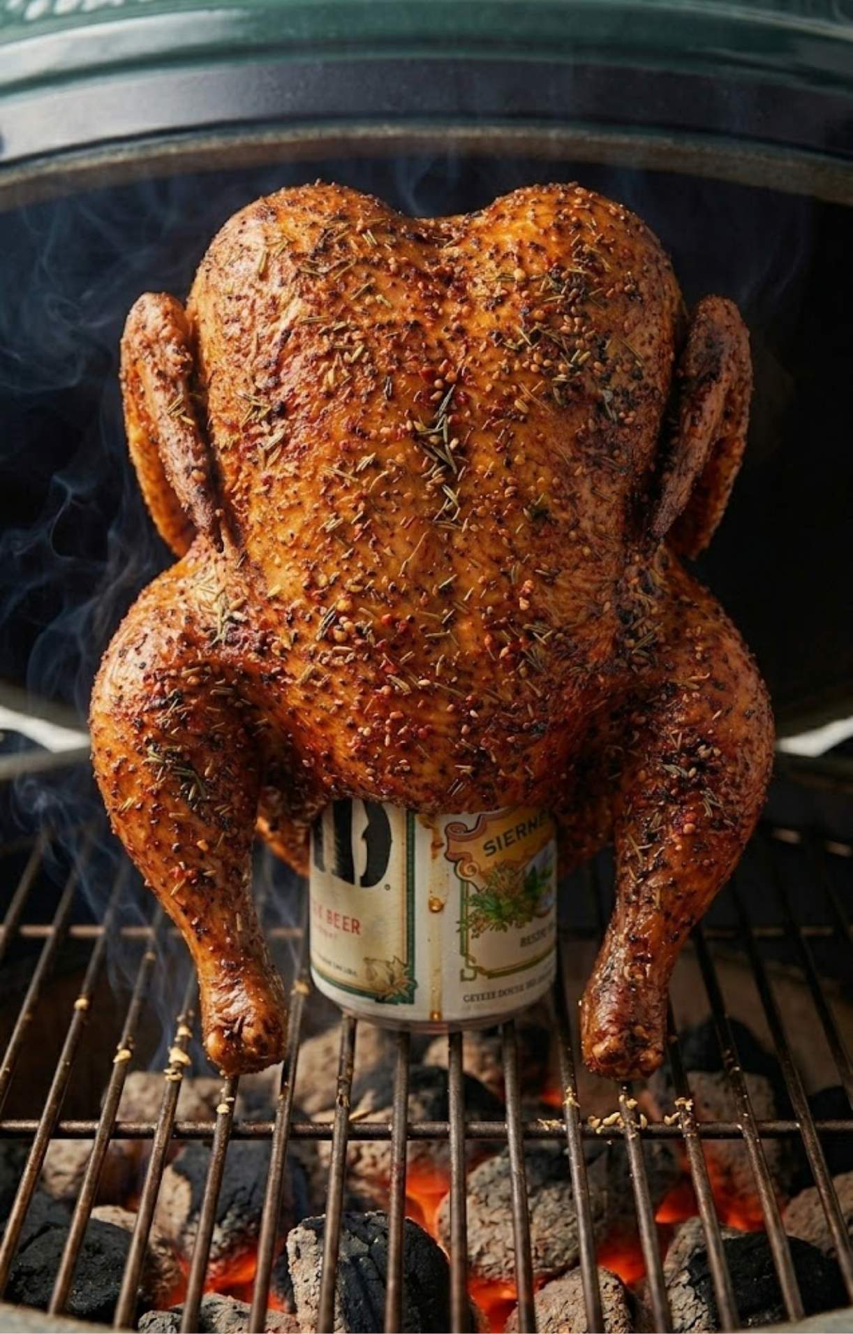 Big Green Egg Beer Can Chicken smoking over hot charcoal inside a ceramic grill.
