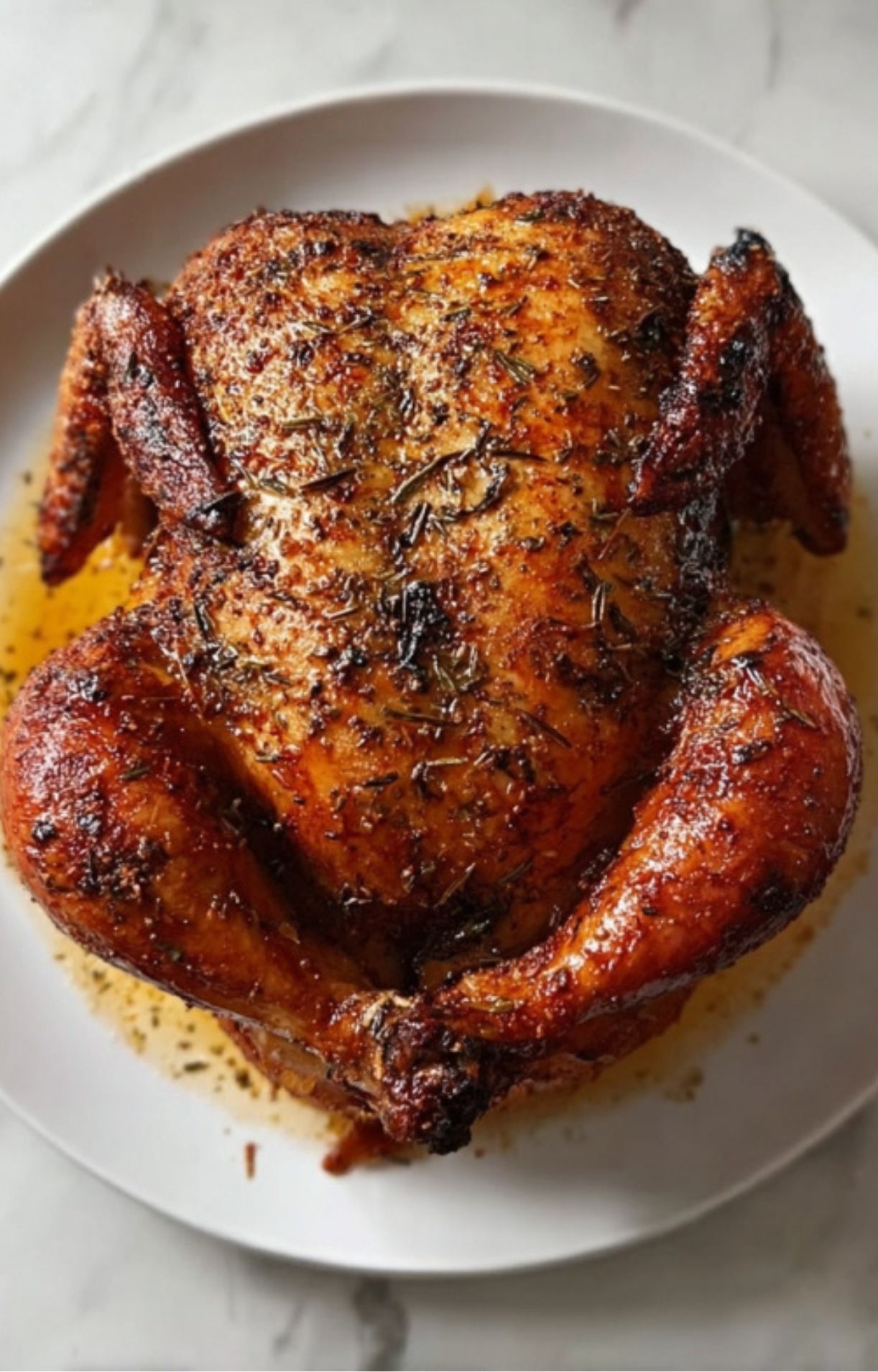The finished roasted chicken resting on a plate, showcasing a deep mahogany glaze and aromatic herbs.