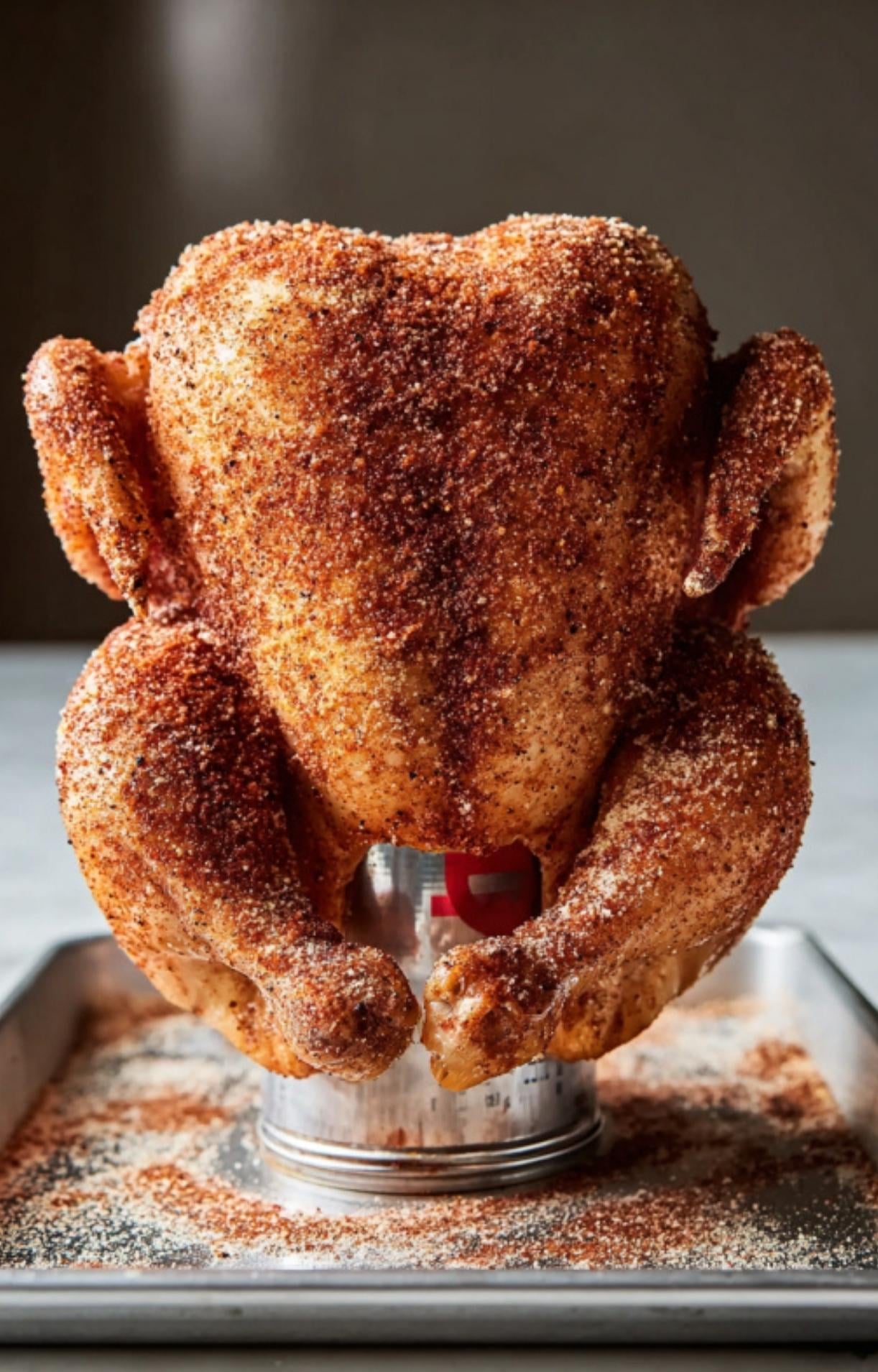 A whole seasoned chicken propped upright on a beer can, ready to be grilled or roasted using the Easy Beer Can Chicken Rub.