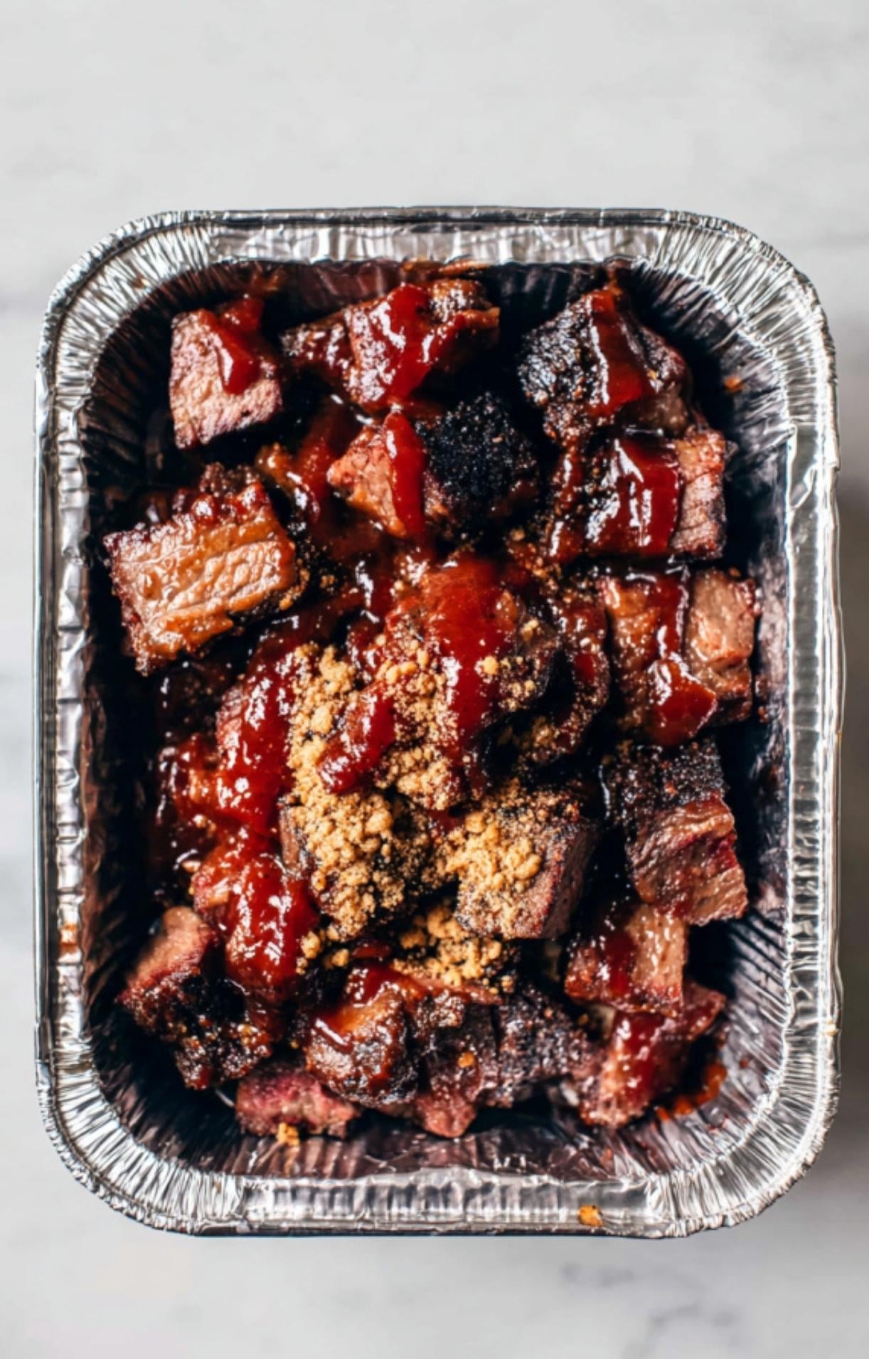Smoked beef cubes in a foil pan topped with BBQ sauce and brown sugar for Smoked Beef Brisket Burnt Ends.
