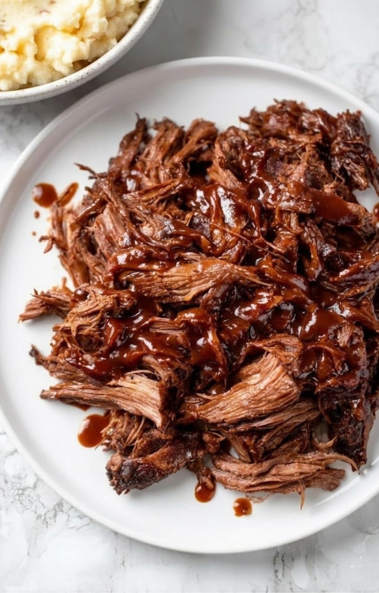 A close-up of pulled beef brisket coated in barbecue sauce, showing the succulent texture of the meat.