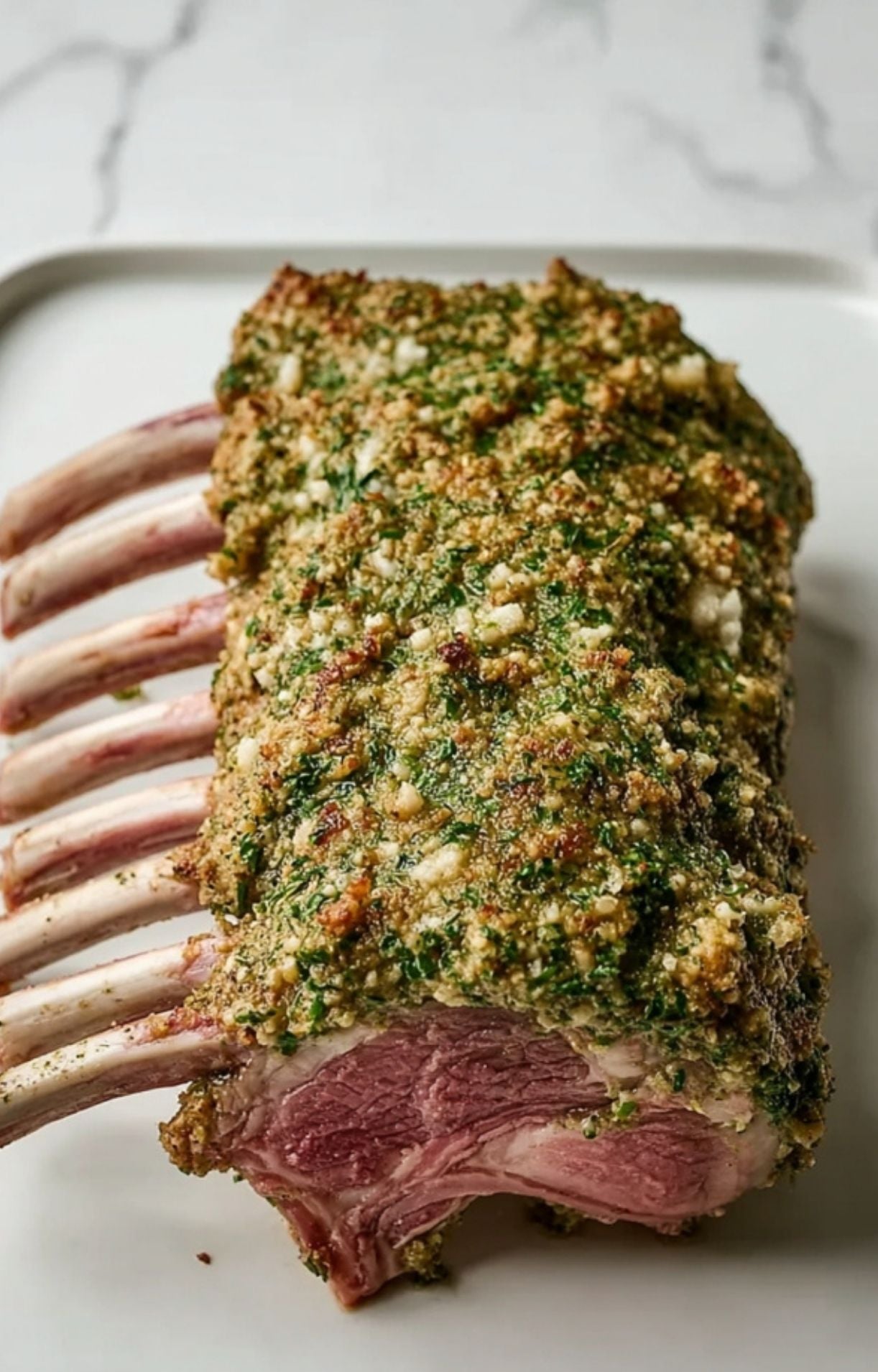A side view of a raw rack of lamb heavily coated in a vibrant green herb and breadcrumb mixture on a white plate.