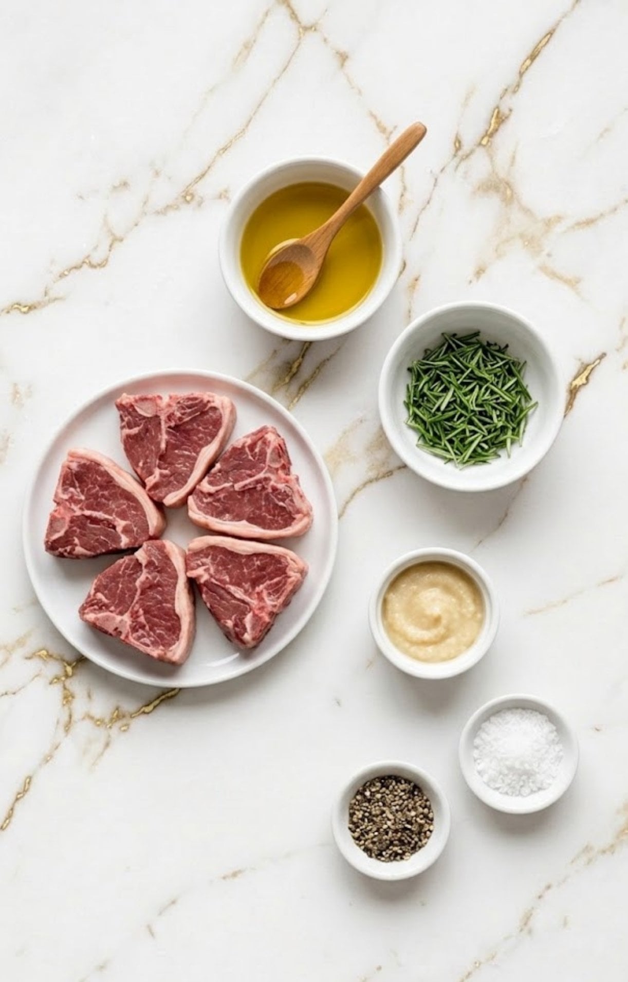 Raw lamb steaks on a white plate surrounded by small bowls of olive oil, fresh rosemary, garlic paste, salt, and black peppercorns on a marble surface.