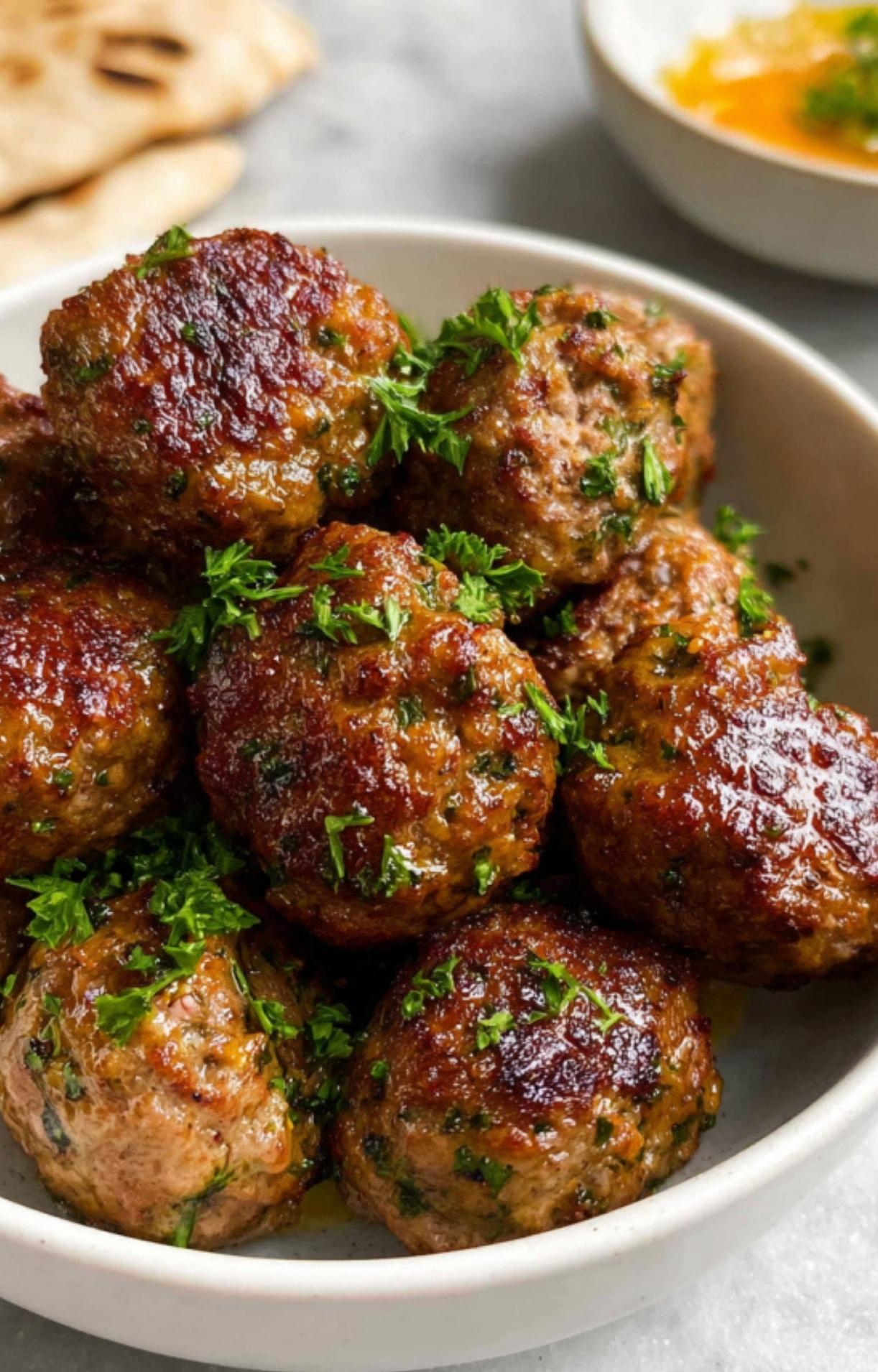 A close-up of a white bowl overflowing with crispy, browned air fryer lamb meatballs topped with fresh parsley, with warm pita bread in the blurred background.
