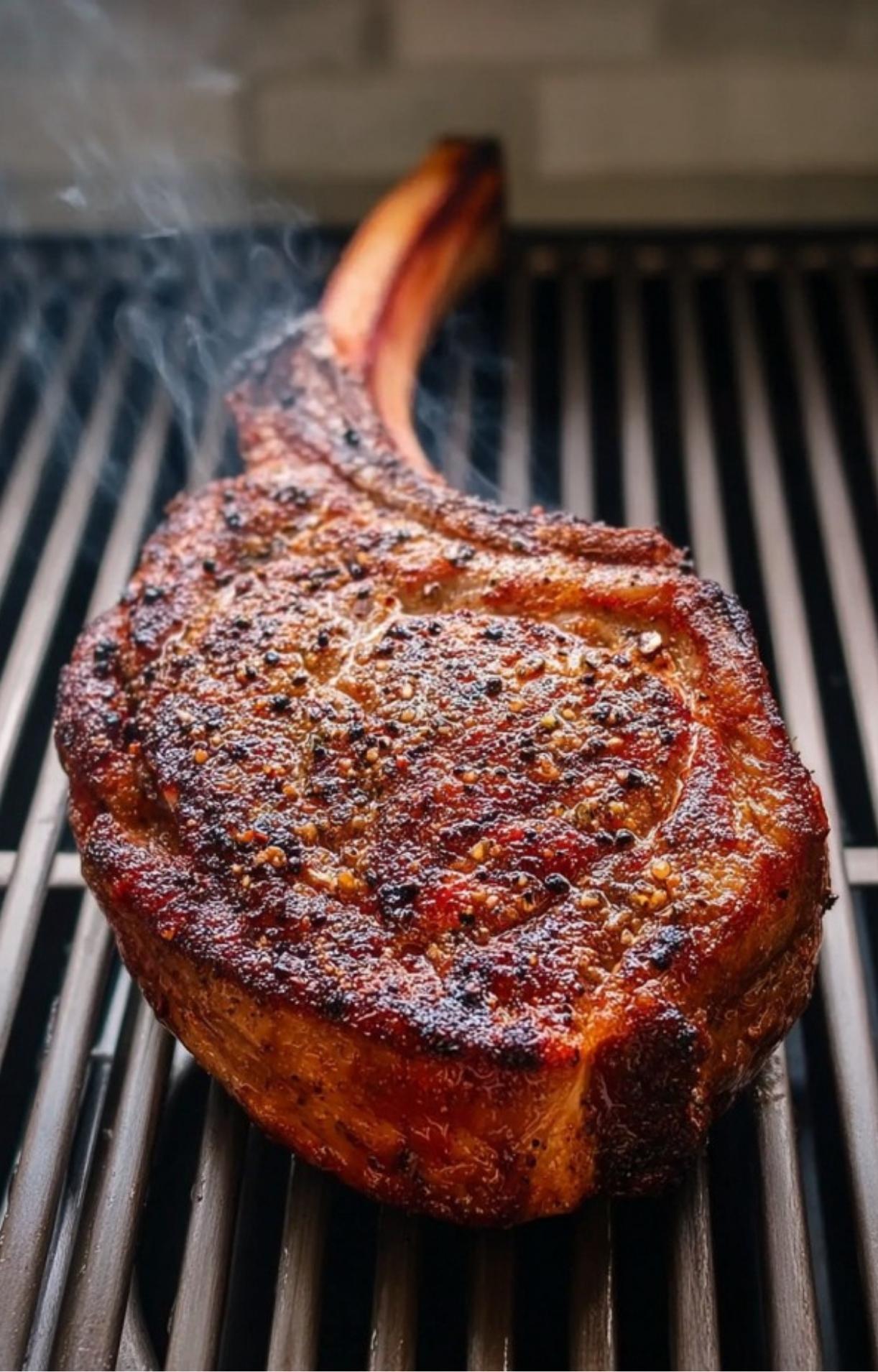 A thick tomahawk steak searing on hot grill grates with smoke rising from the crust.