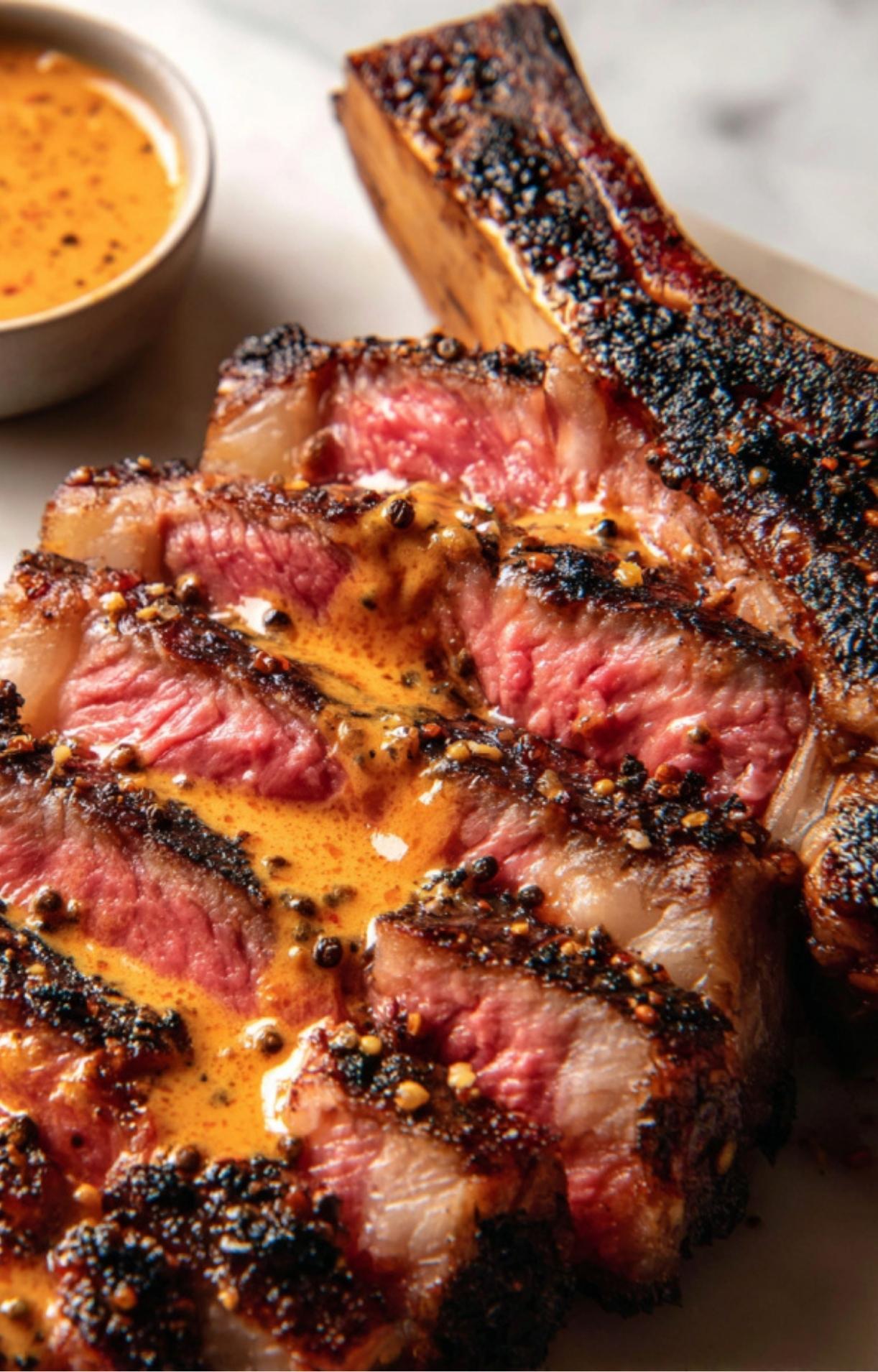 Close-up view of a smoked tomahawk steak sliced into thick strips, revealing a perfect medium-rare pink center and a glistening, seared exterior.