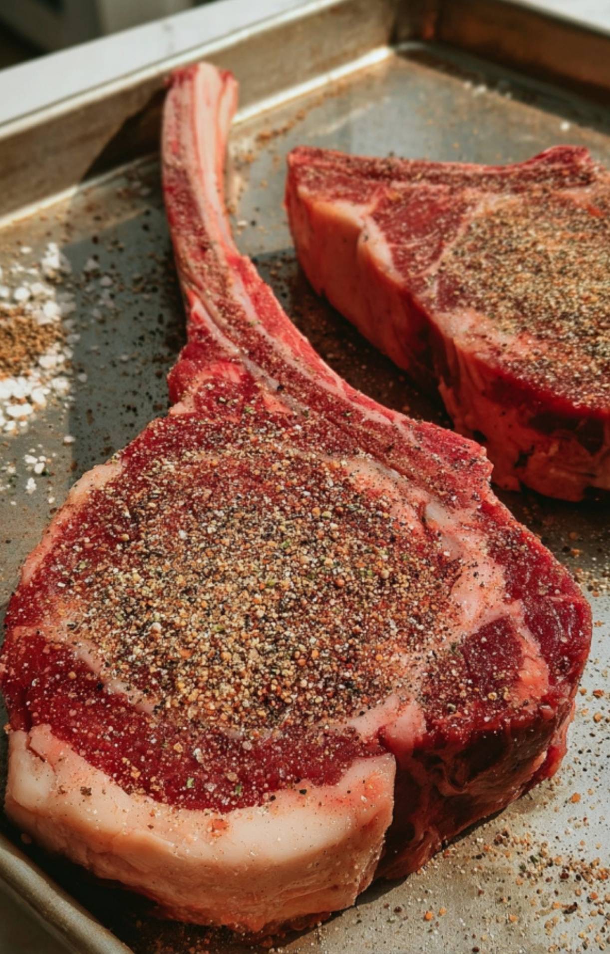 A side-angle view of two thick tomahawk steaks heavily coated in a coarse dry rub seasoning on a metal tray before smoking.