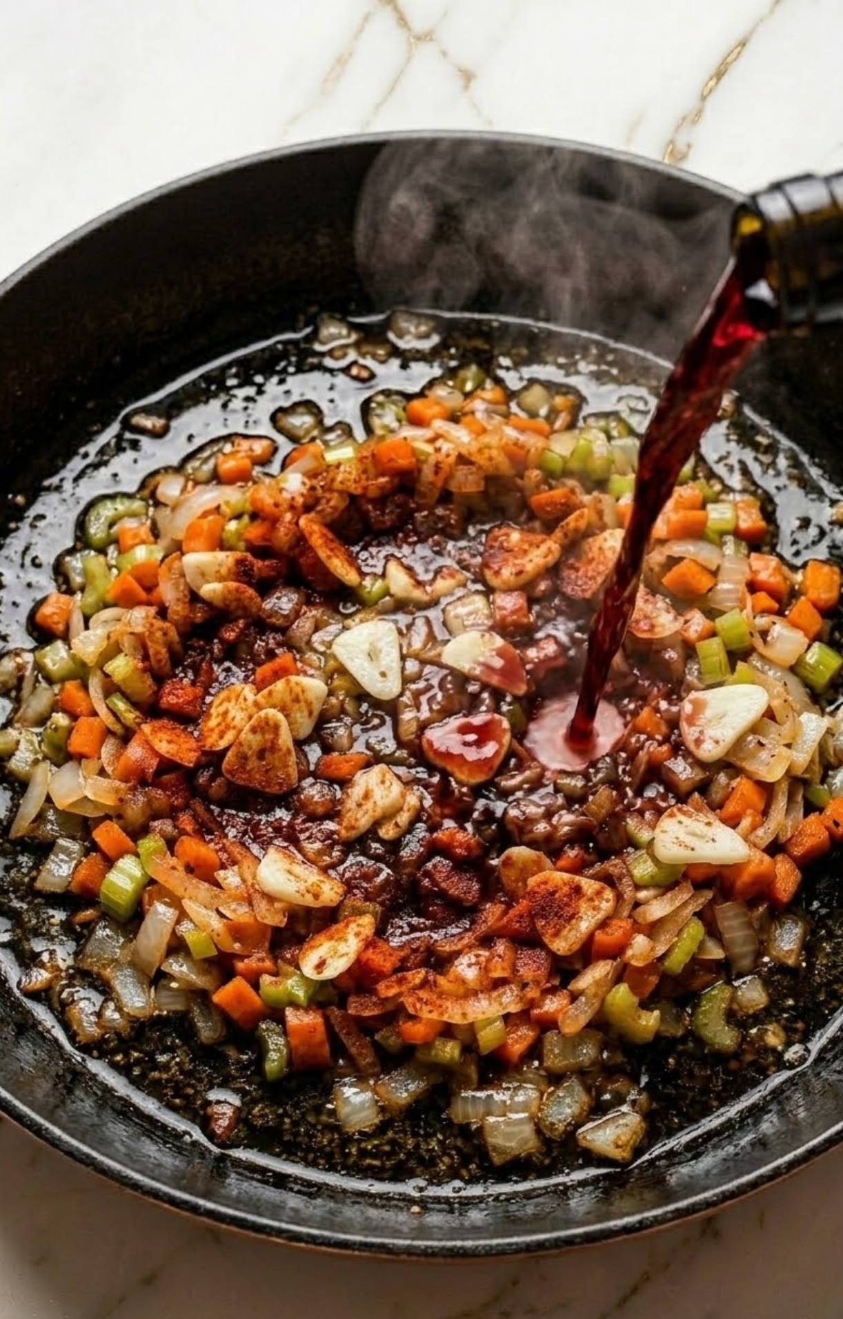 Rich red wine being poured into the skillet over the sautéed vegetables to create a flavorful braising liquid for the beef cheeks.