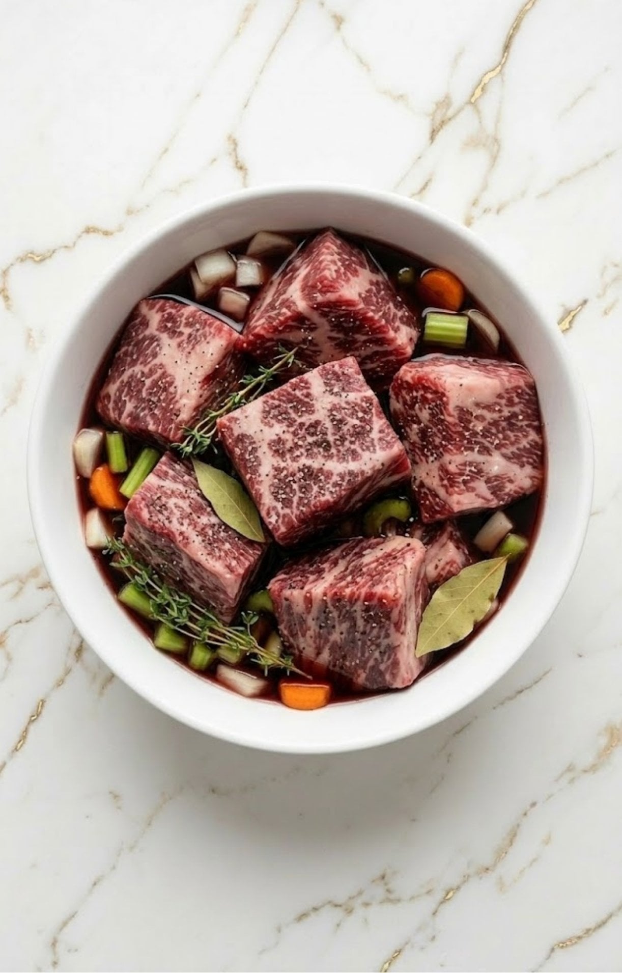 Flat lay of raw wagyu beef cubes, mirepoix, red wine, beef stock, and spices for a Wagyu Beef Cheeks Recipe.