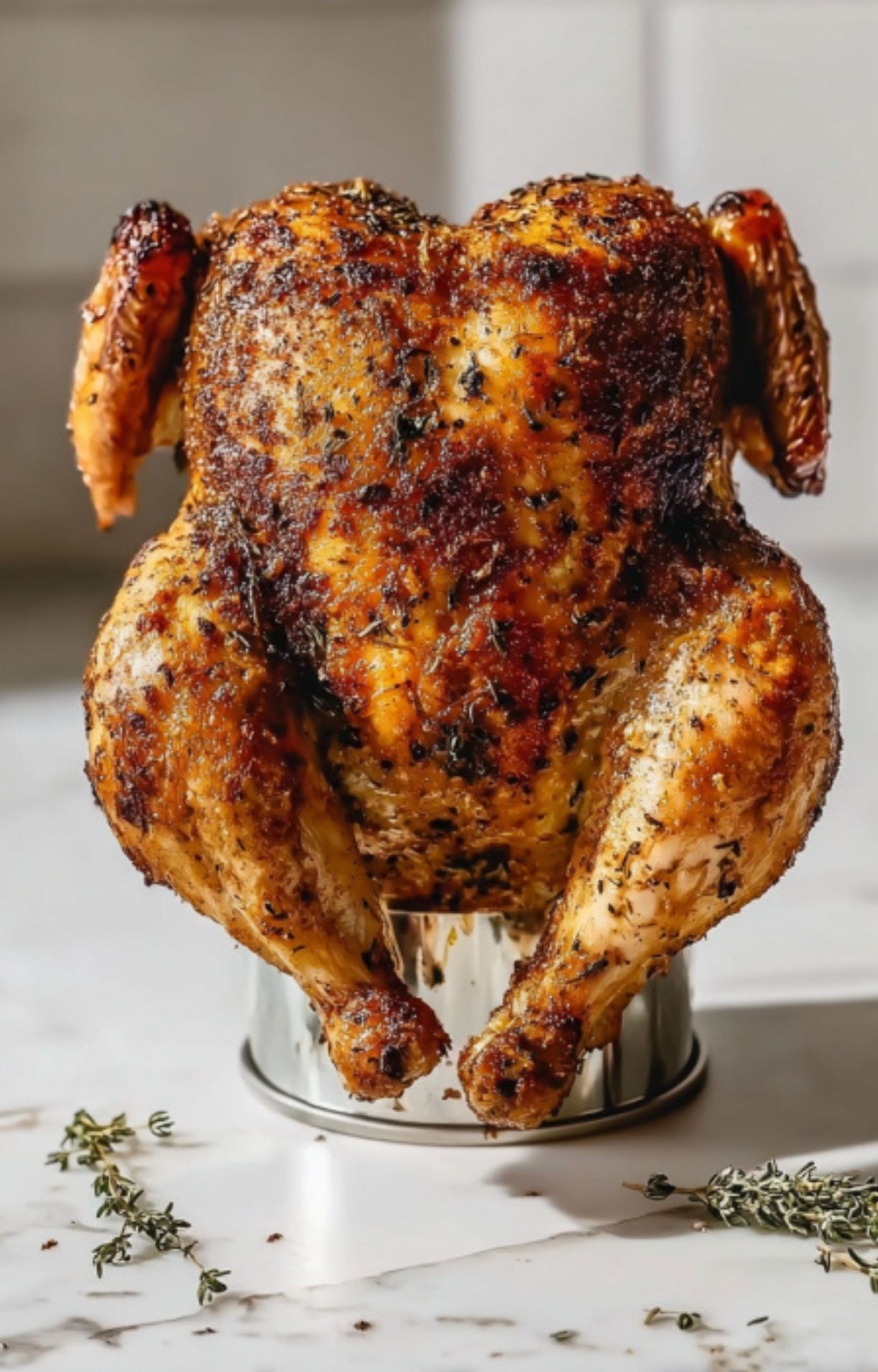 A perfectly roasted, golden-brown Beer Can Chicken standing upright on a can, ready to be removed from the heat.