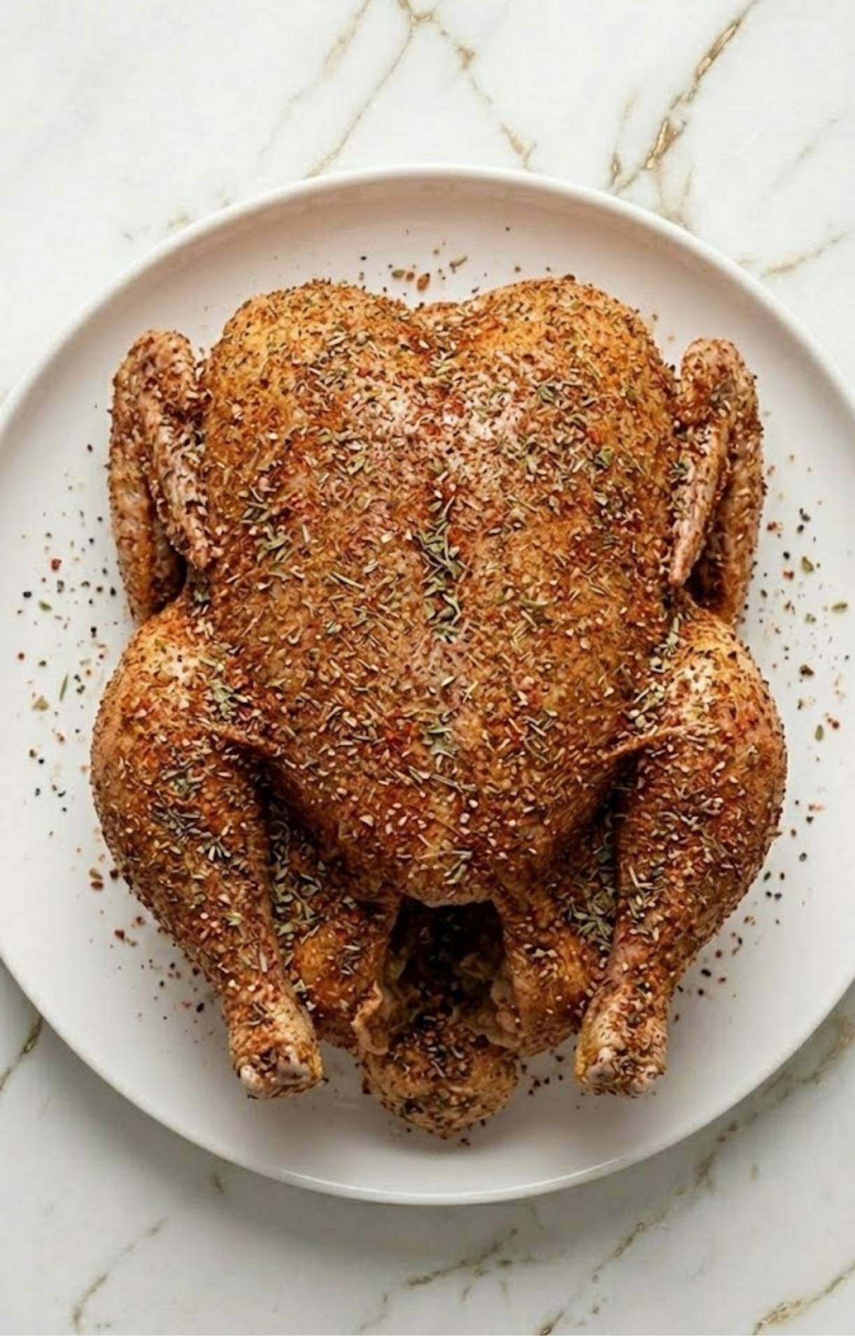 A whole raw chicken heavily coated in a dry spice rub with herbs, centered on a white plate over a clean white marble countertop for a step-by-step recipe guide.