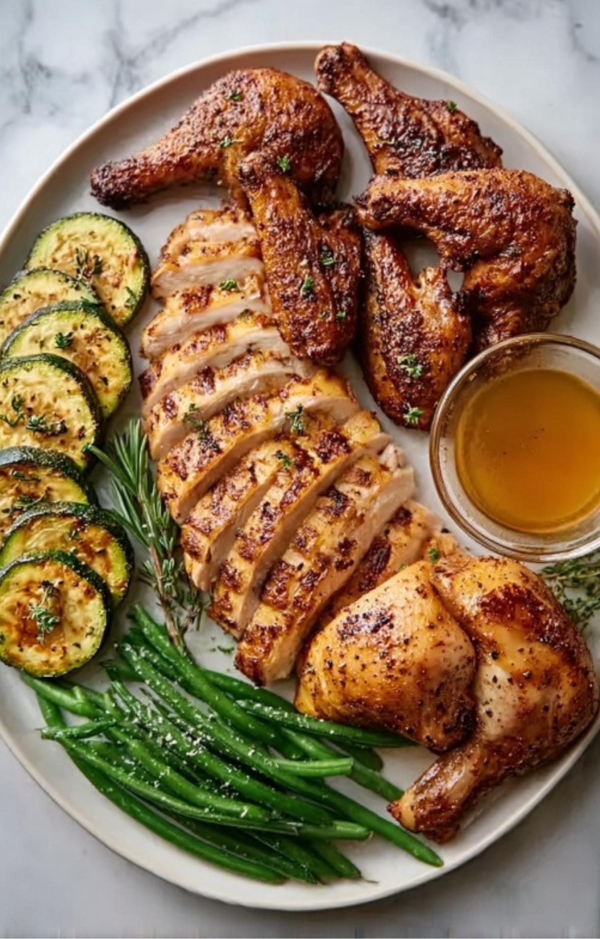 A beautifully arranged dinner plate featuring sliced chicken breast, roasted chicken legs and wings, grilled zucchini rounds, and fresh green beans on a white marble surface.