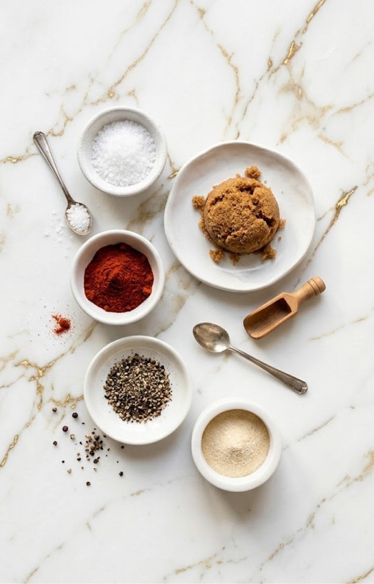 A top-down view of small white bowls containing individual spices like brown sugar, paprika, salt, garlic powder, and cracked black pepper on a marble surface.