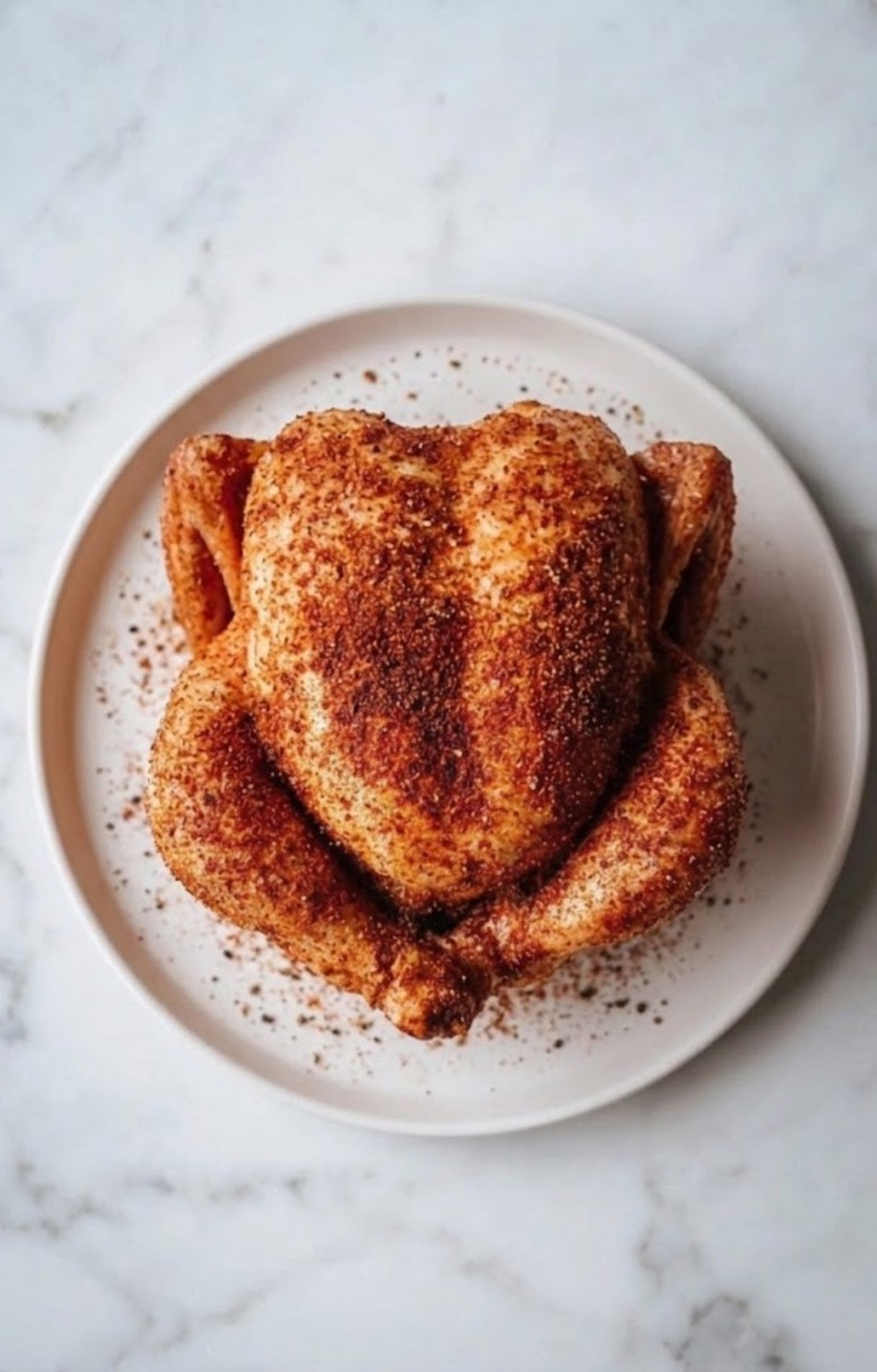 A raw whole chicken thoroughly coated in a savory red spice rub, ready for the Weber Beer Can Chicken method.