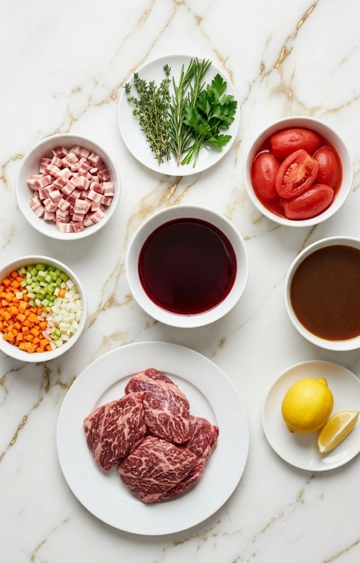 Mise en place for Beef Cheek Ragu featuring bowls of cubed beef, pancetta, mirepoix, fresh herbs, red wine, beef stock, cherry tomatoes, and lemon zest.