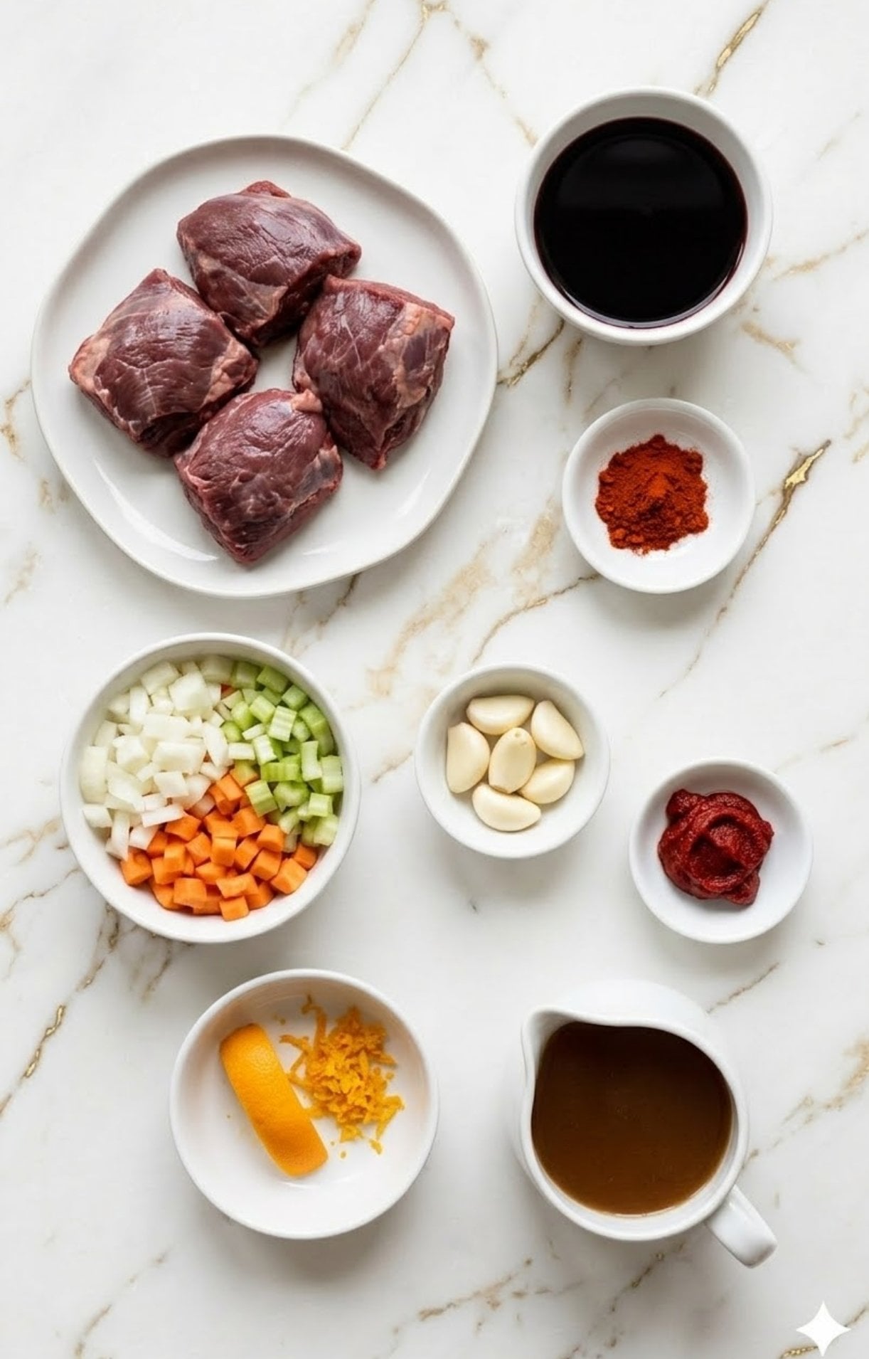 A marble countertop with bowls of raw beef cheeks, red wine, beef stock, mirepoix (onions, carrots, celery), garlic cloves, tomato paste, smoked paprika, and orange zest.