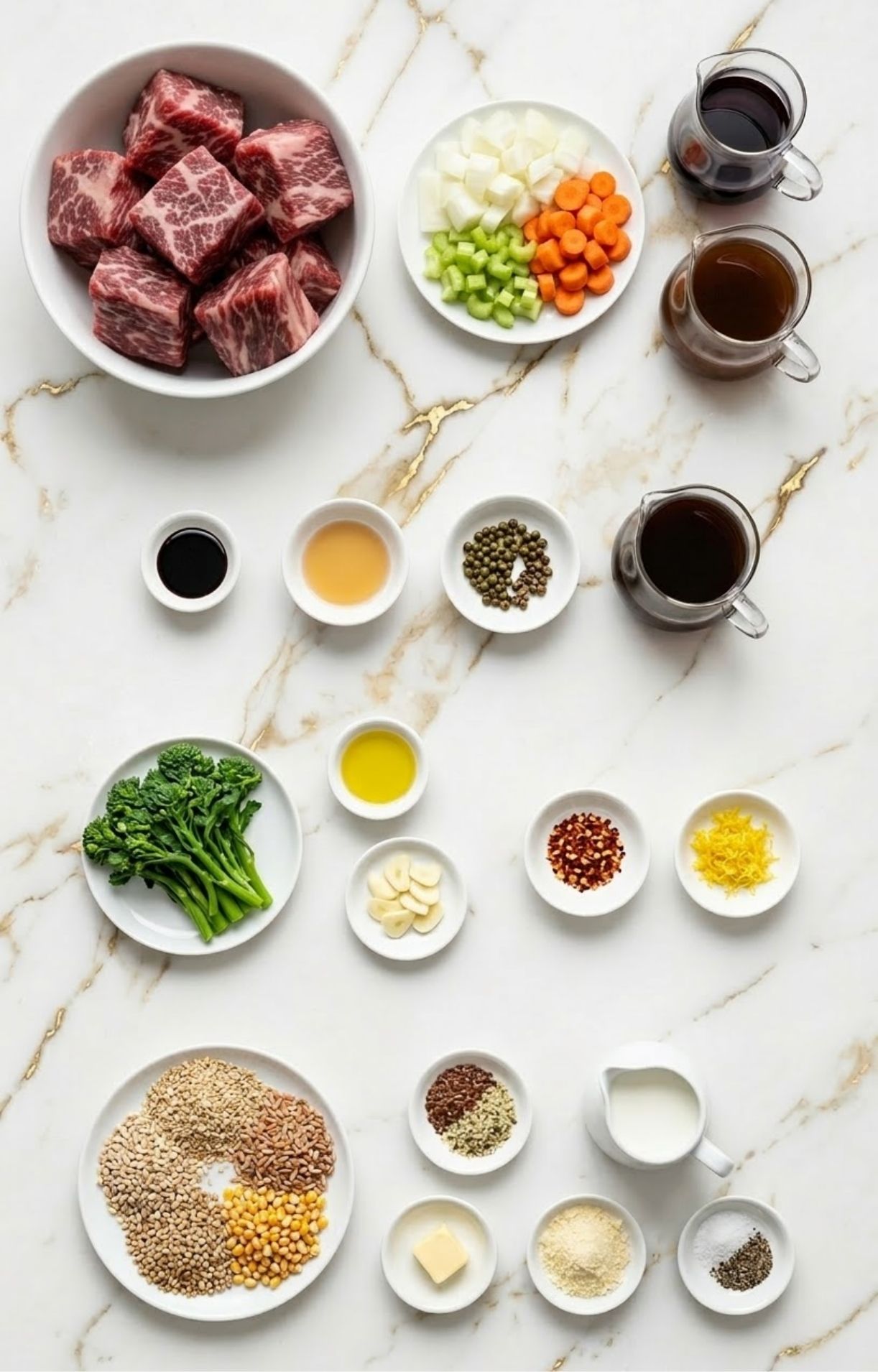Flat lay of raw wagyu beef cubes, mirepoix, red wine, beef stock, and spices for a Wagyu Beef Cheeks Recipe.