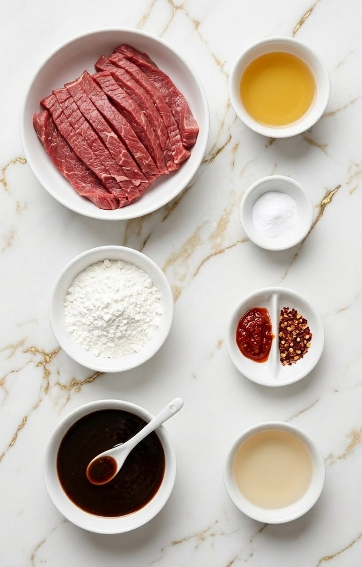 An overhead flat lay of ingredients for Beijing Beef stir fry, including sliced raw flank steak, cornstarch, dark soy sauce, rice vinegar, oil, chili paste, and red pepper flakes on a marble surface.