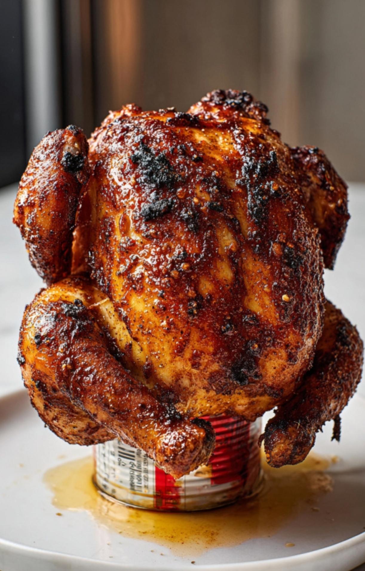 A perfectly cooked, golden-brown beer can chicken with a crispy, seasoned skin, still standing upright on the can after roasting.