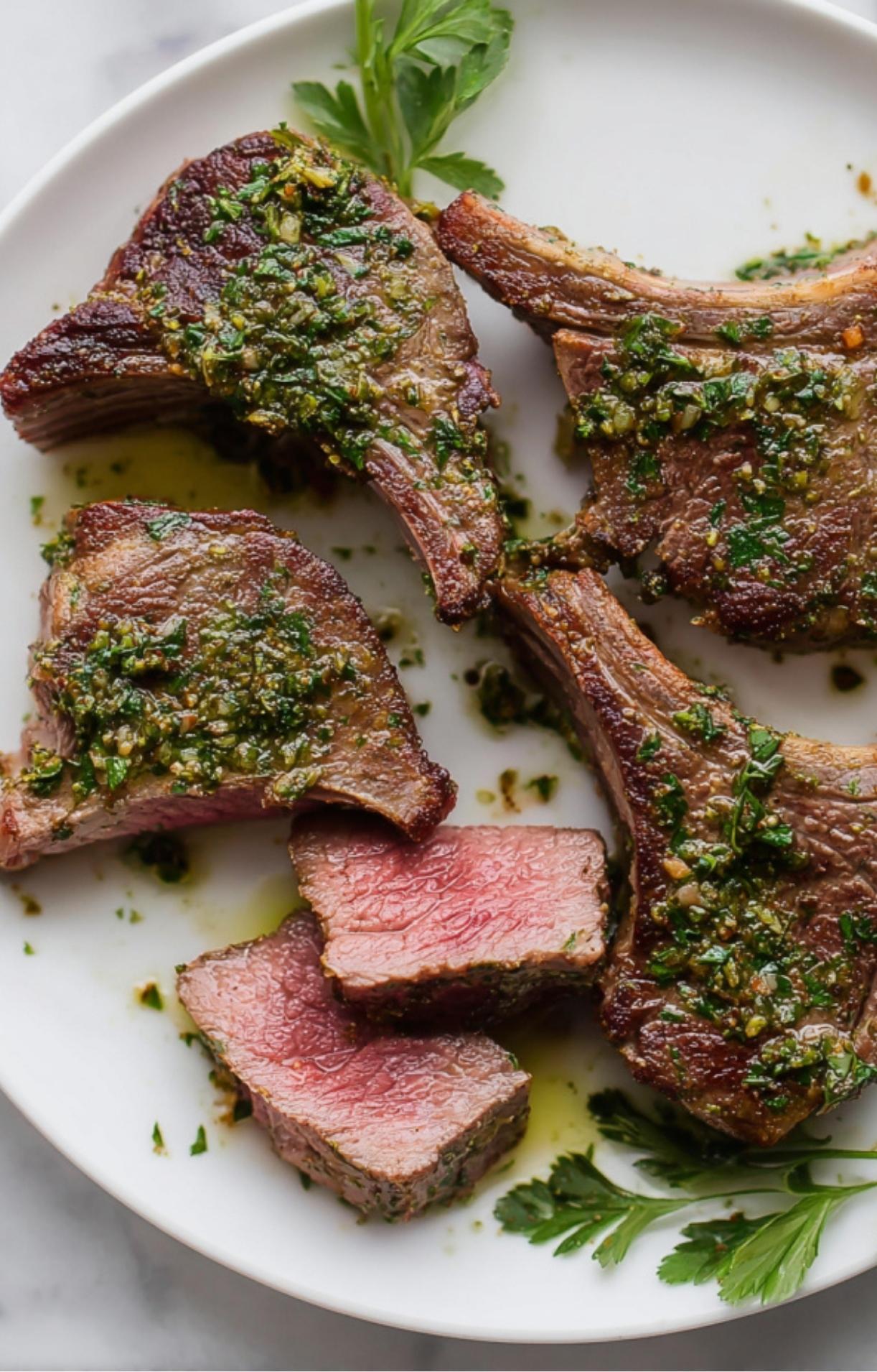 Sliced lamb chops topped with a vibrant gremolata of parsley and lemon zest, showing a juicy medium-rare finish.
