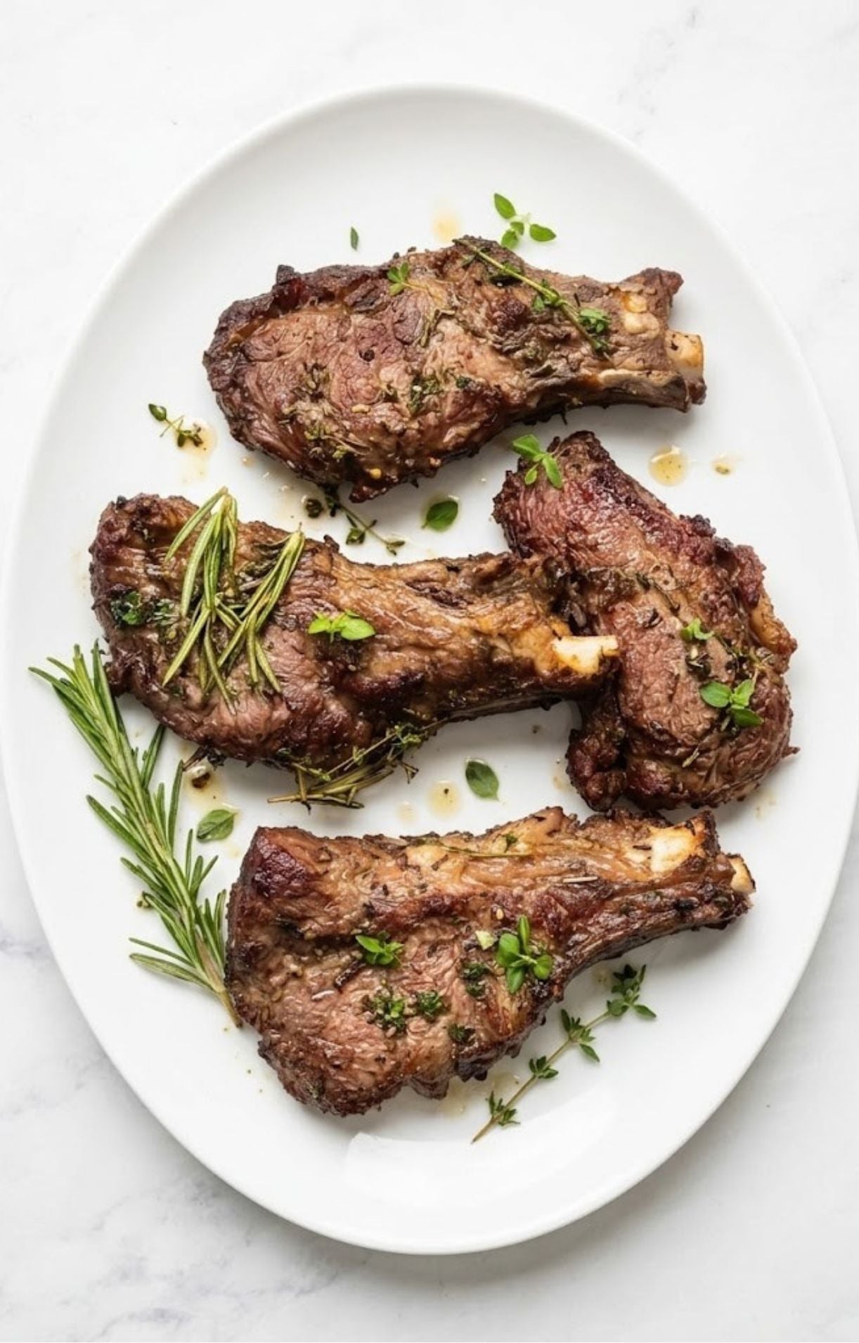 Three perfectly browned air fryer lamb shoulder chops on a white oval platter garnished with fresh herbs.