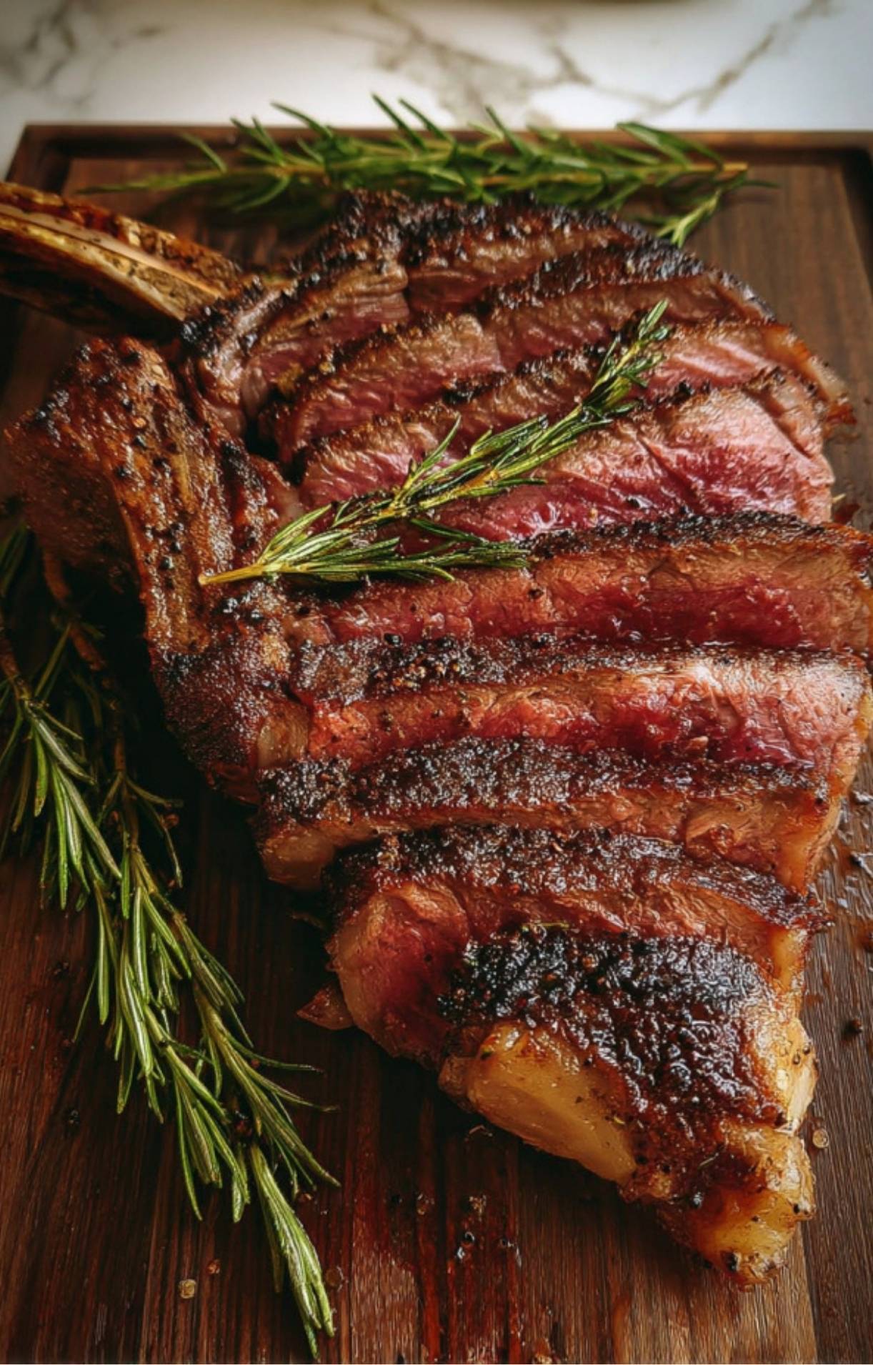 Close-up of a sliced tomahawk steak showing a juicy, pink medium-rare center and charred exterior.