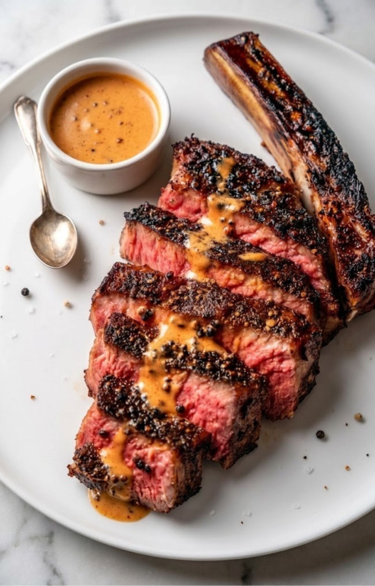 Sliced smoked tomahawk steak arranged on a white plate, drizzled with a creamy peppercorn sauce and served with the bone on the side.