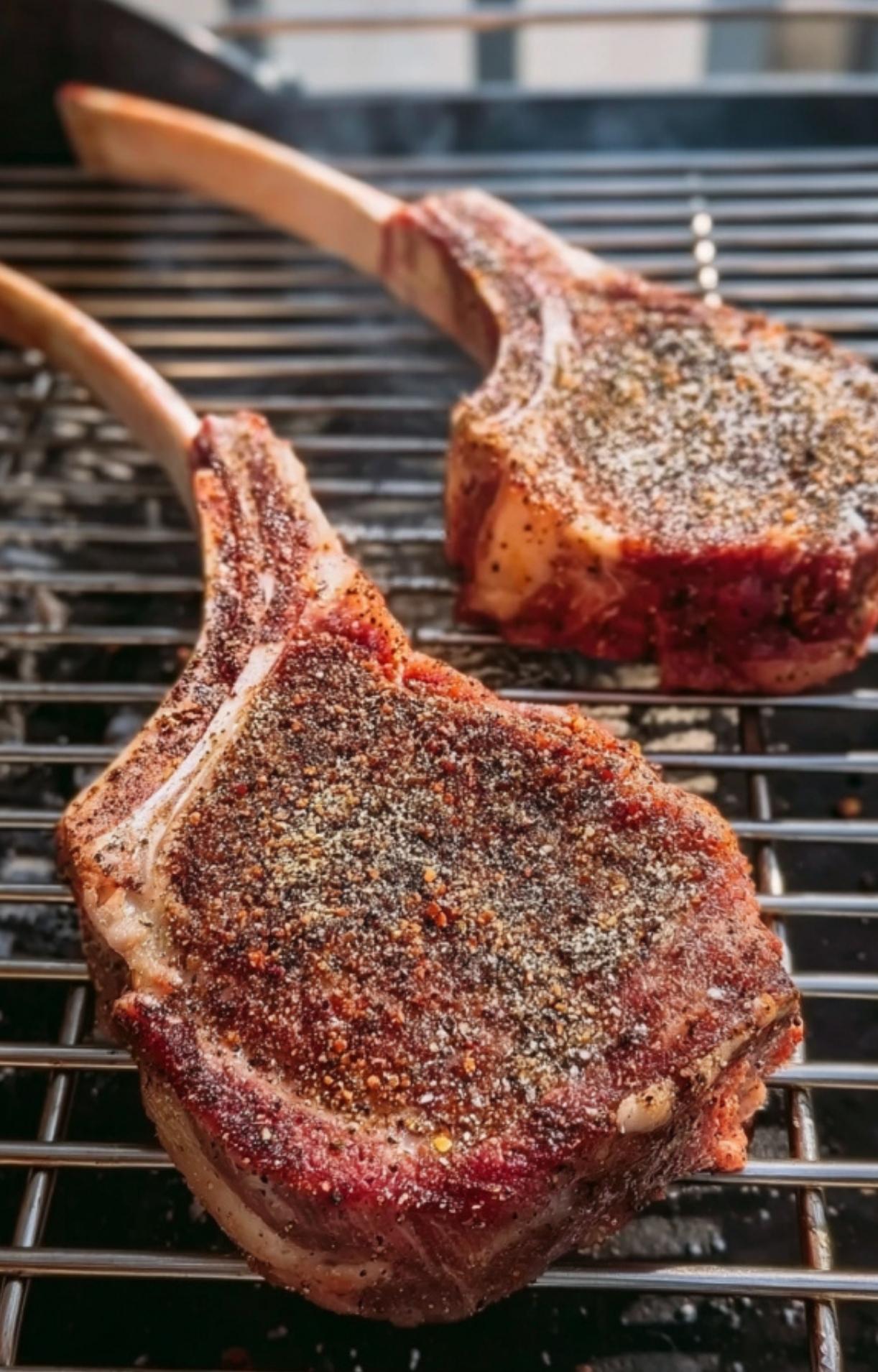 Two seasoned tomahawk steaks placed directly on the metal grates of a smoker or Traeger grill with visible smoke rising.