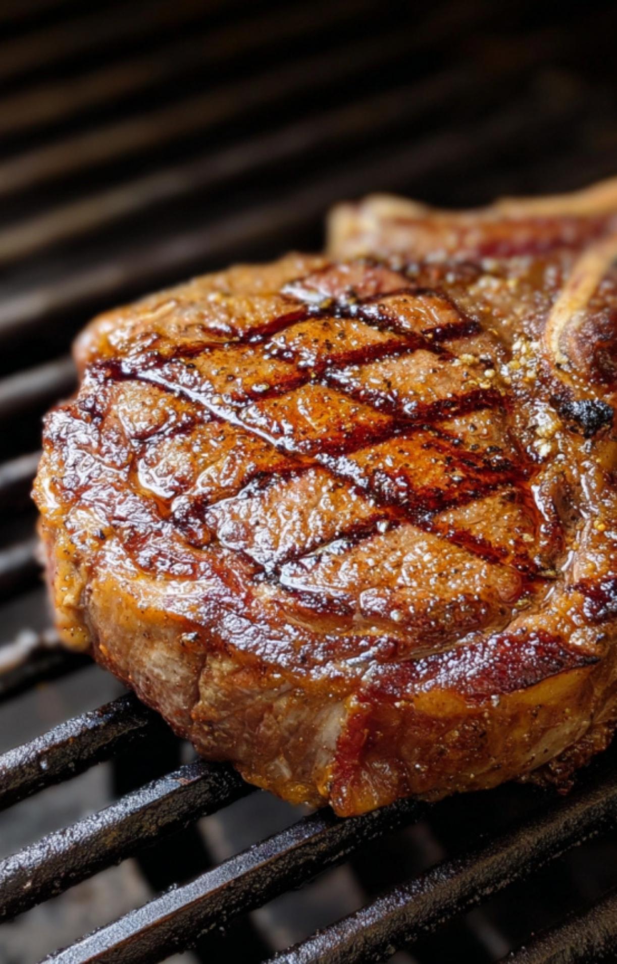 Close-up of a tomahawk steak with professional cross-hatch grill marks and rendered fat.