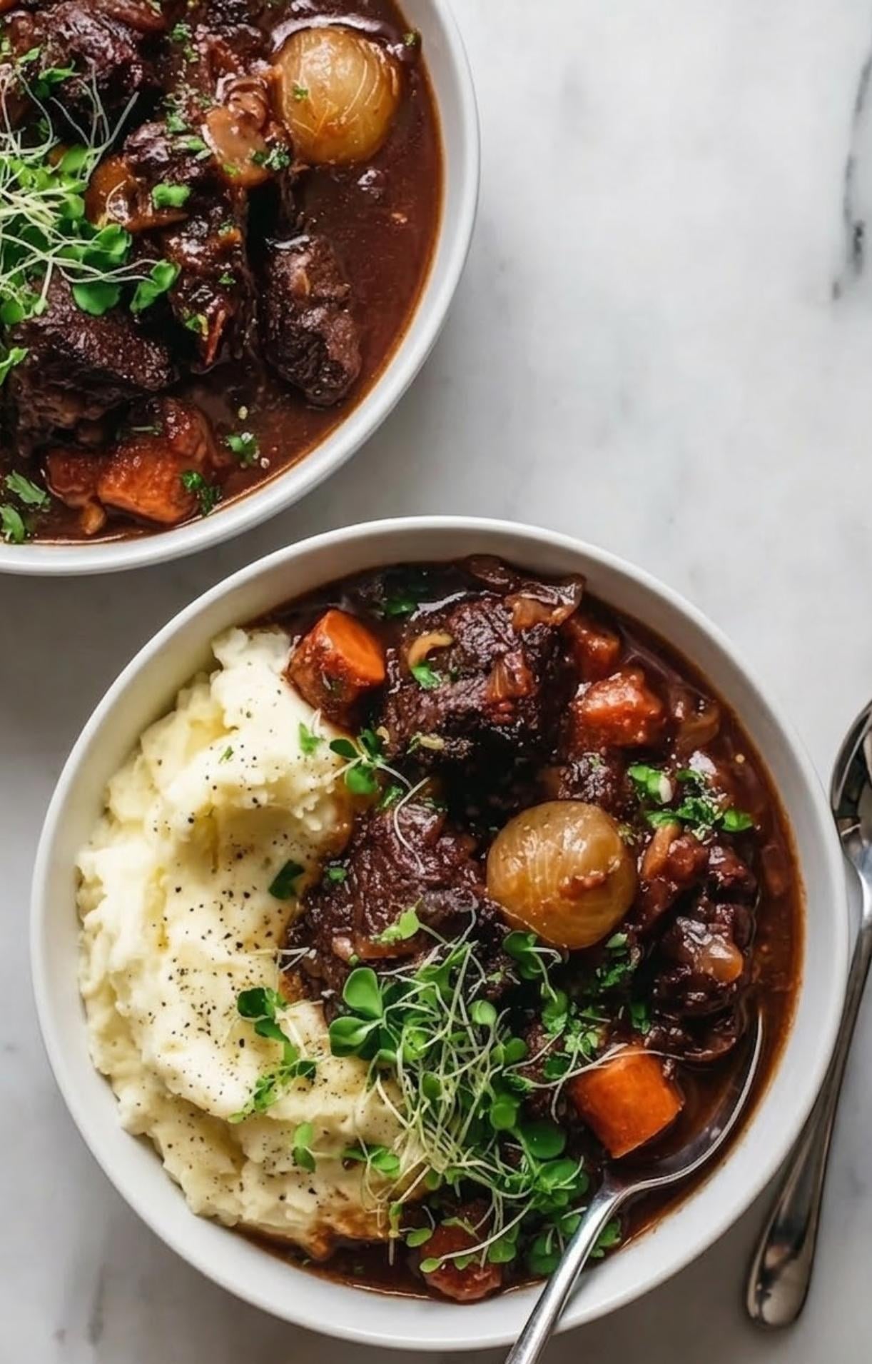 Two bowls of beef stew and mashed potatoes garnished with microgreens, highlighting the tender chunks of meat and carrots.