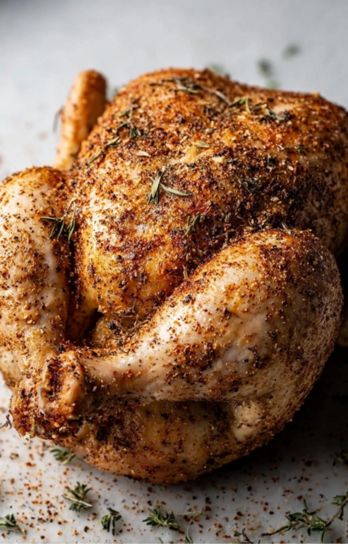 A close-up shot of the seasoned skin of a Beer Can Chicken, showing the texture of the spice rub and roasted herbs.