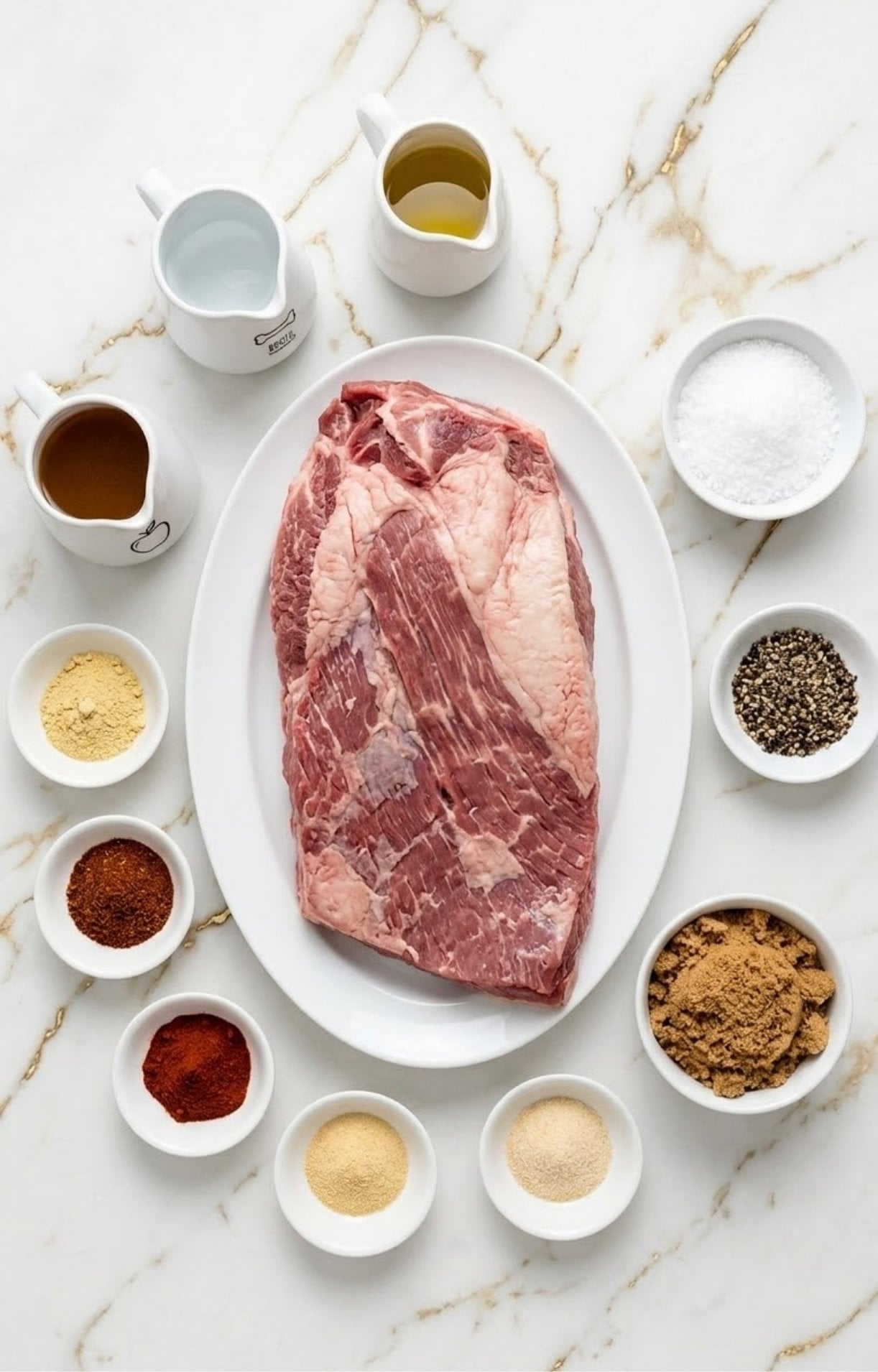 A top-down view of a raw beef brisket surrounded by bowls of spices, oil, and beef broth for Electric Smoker Beef Brisket.