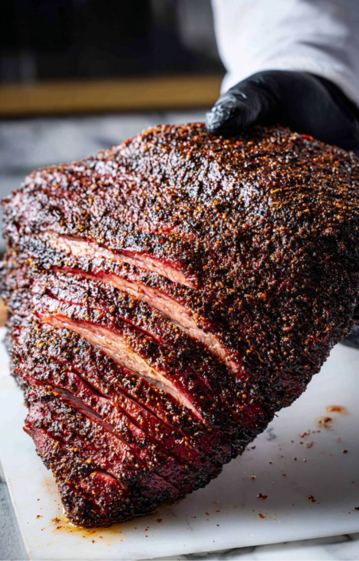 A chef in a black glove holding a whole smoked brisket showing a thick, caramelized seasoning bark and juicy interior.