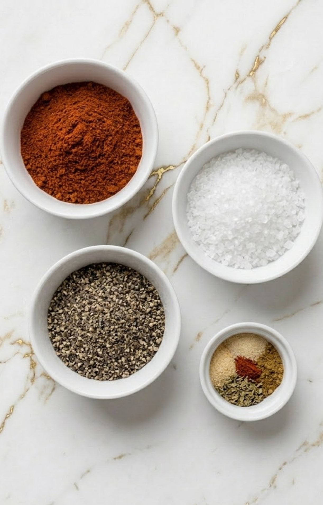 Four small white bowls containing the raw ingredients for a smoked beef brisket rub, including paprika, coarse sea salt, cracked black pepper, and a blend of garlic powder, onion powder, and dried herbs.