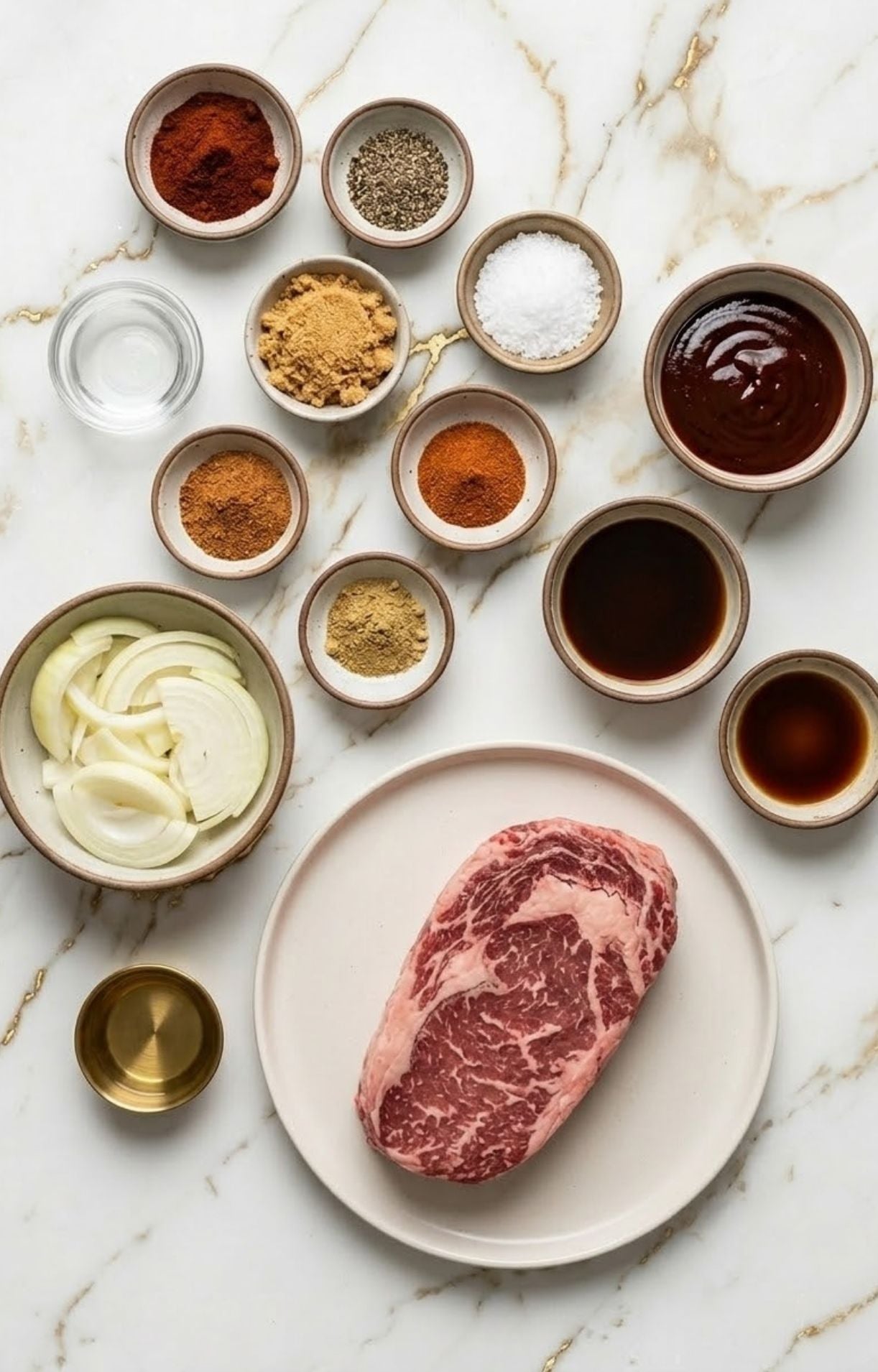 A flat lay of raw beef brisket, sliced onions, and bowls of spices and sauces for a slow cooker smoked brisket.