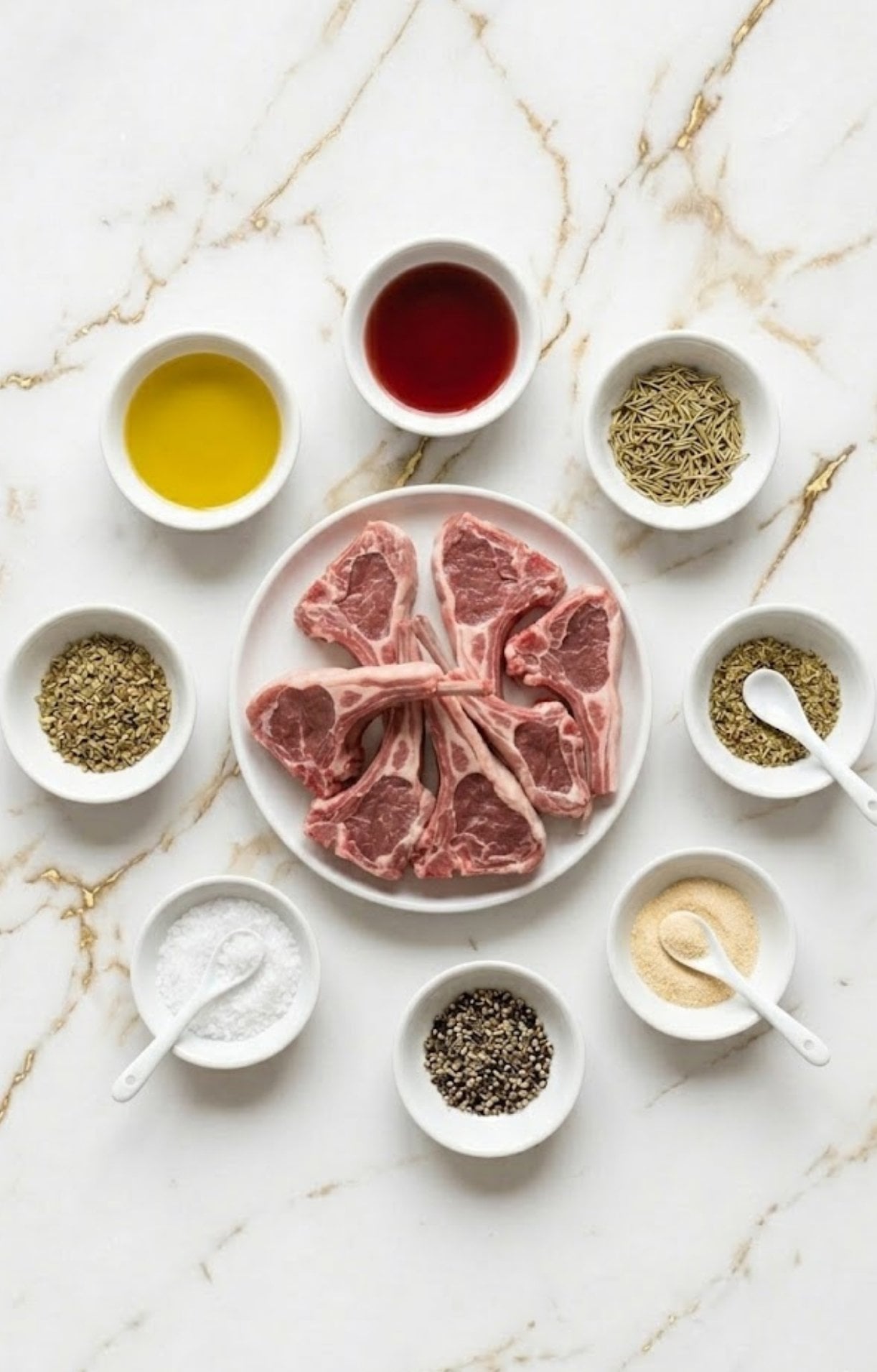 Flat lay of ingredients for air fryer lamb chops including raw chops, olive oil, red wine vinegar, rosemary, garlic powder, salt, and peppercorns in white bowls.