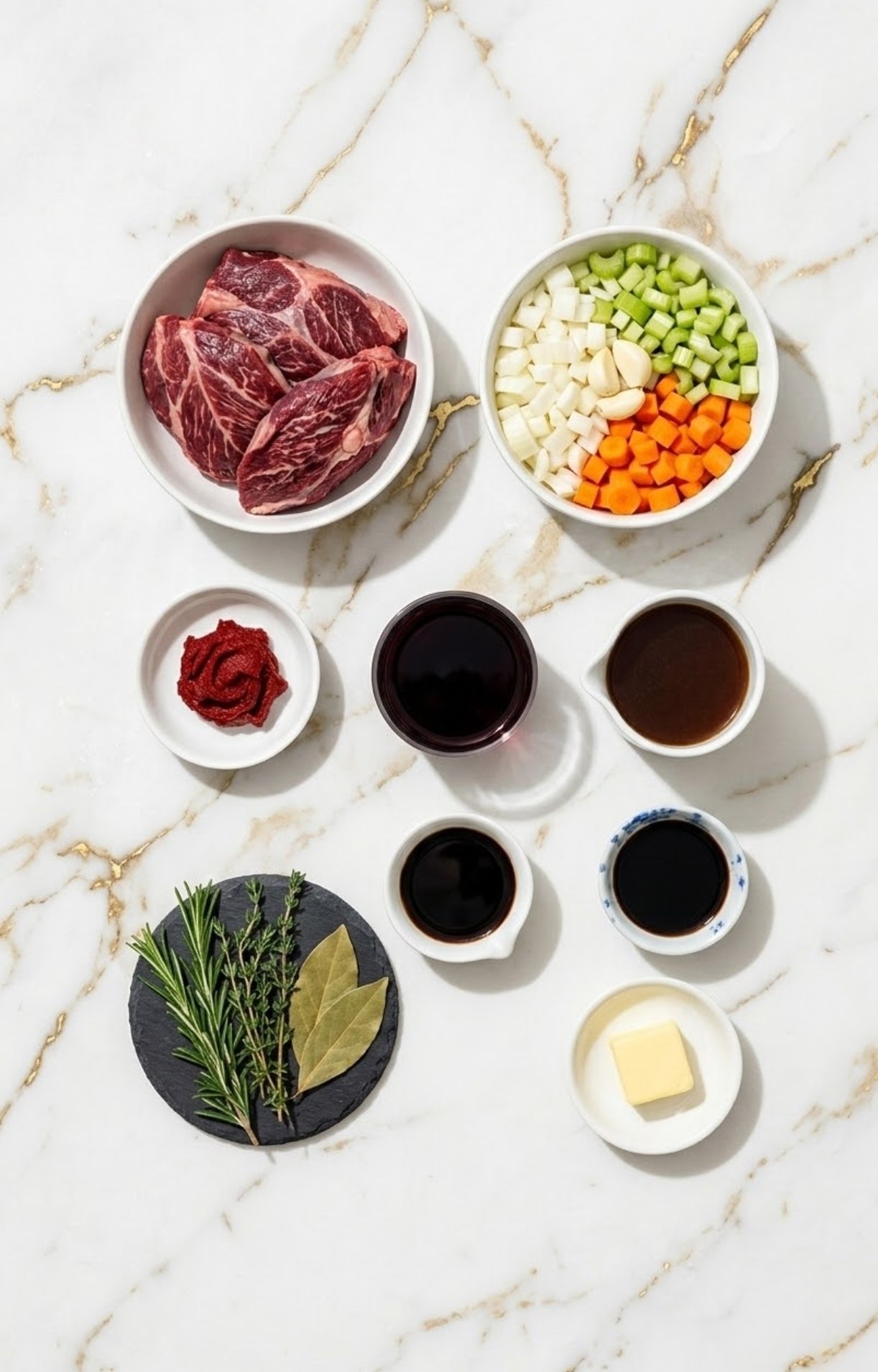 Red wine being poured into a cast-iron skillet with sautéed onions, carrots, celery, garlic, and tomato paste to create a flavor base for slow cooker beef cheeks.