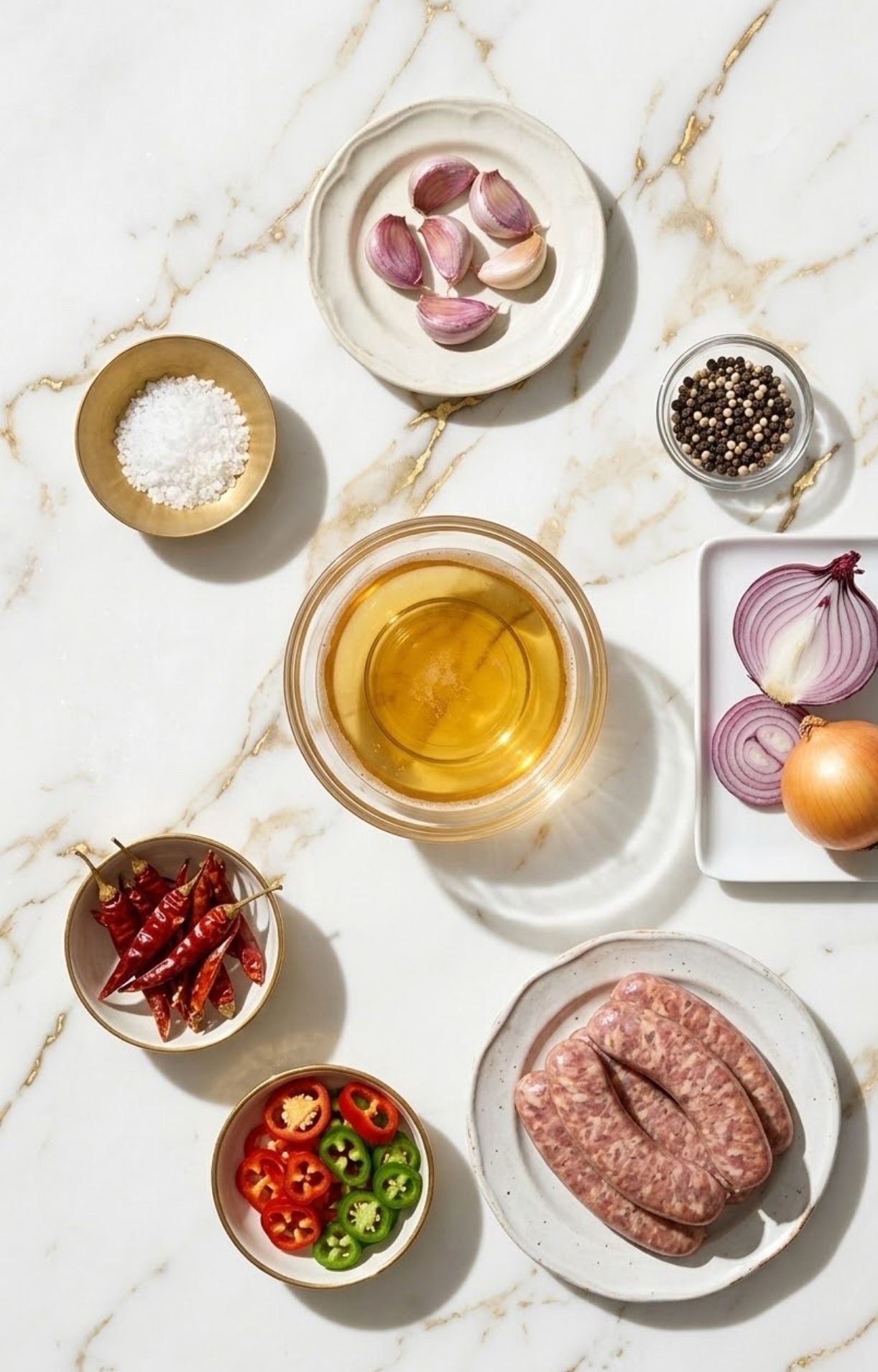 A flat lay on a marble surface showing bratwurst links, a bowl of light beer, fresh garlic, red and yellow onions, sliced jalapeños, red chilies, sea salt, and peppercorns.