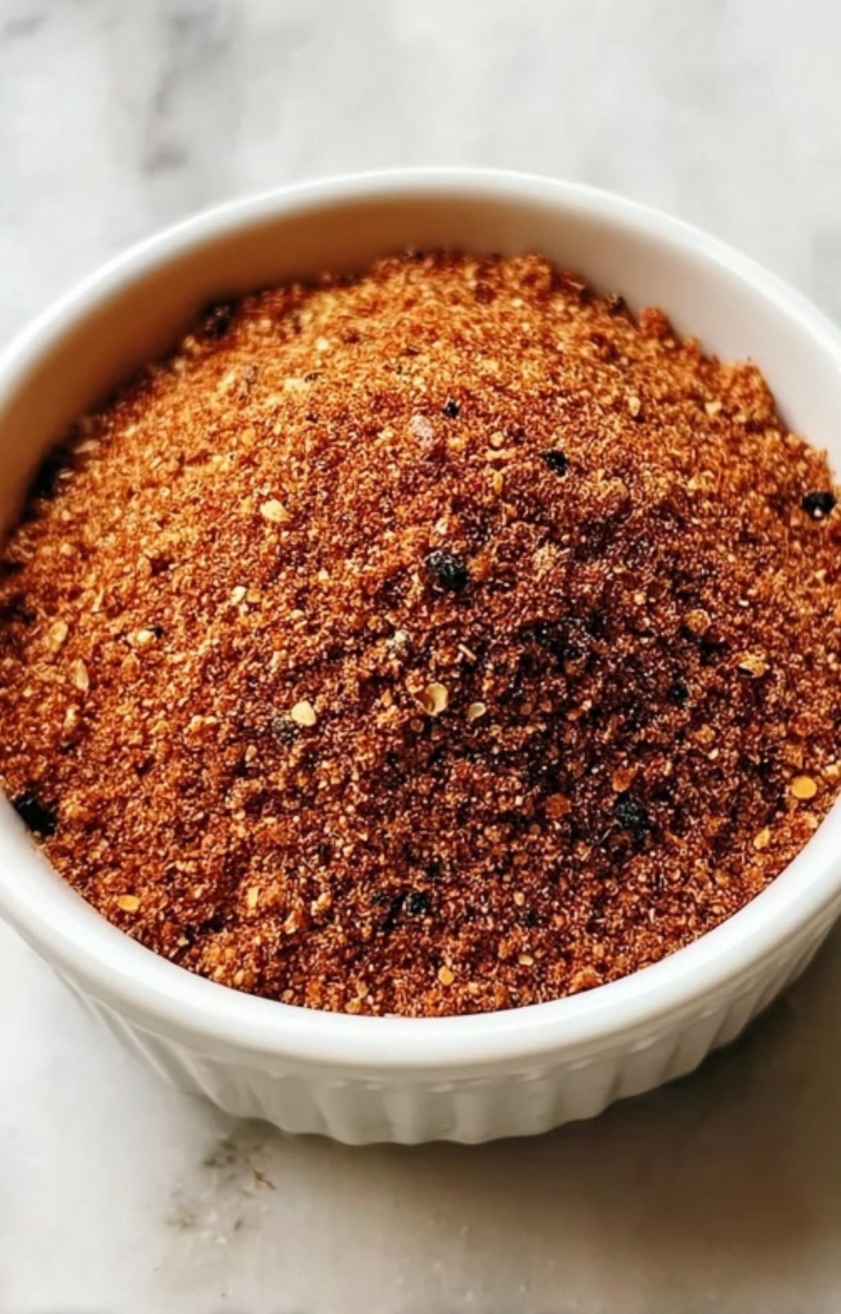 A detailed, close-up shot of a white ramekin filled with a textured, reddish-brown spice blend featuring coarse pepper and garlic for a chicken rub.