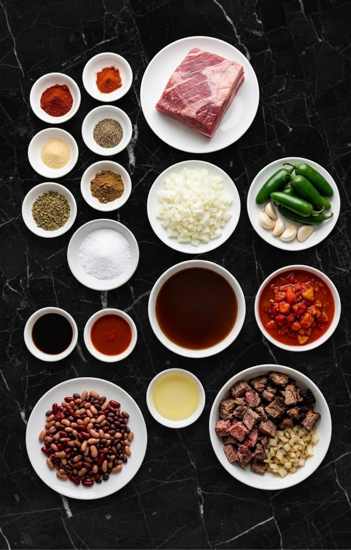 A flat-lay arrangement on a black marble surface showing brisket, beans, spices, aromatics, and liquids needed to make Smoked Brisket Chili.