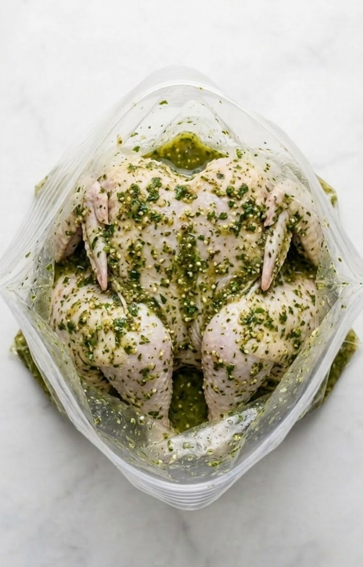 A whole raw chicken coated in green herb marinade inside a large clear plastic bag for maximum flavor infusion.