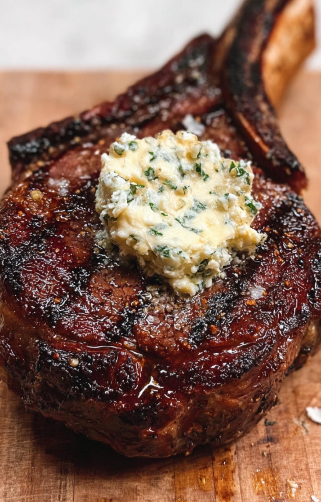A perfectly cooked smoked tomahawk steak topped with a melting dollop of herb butter.