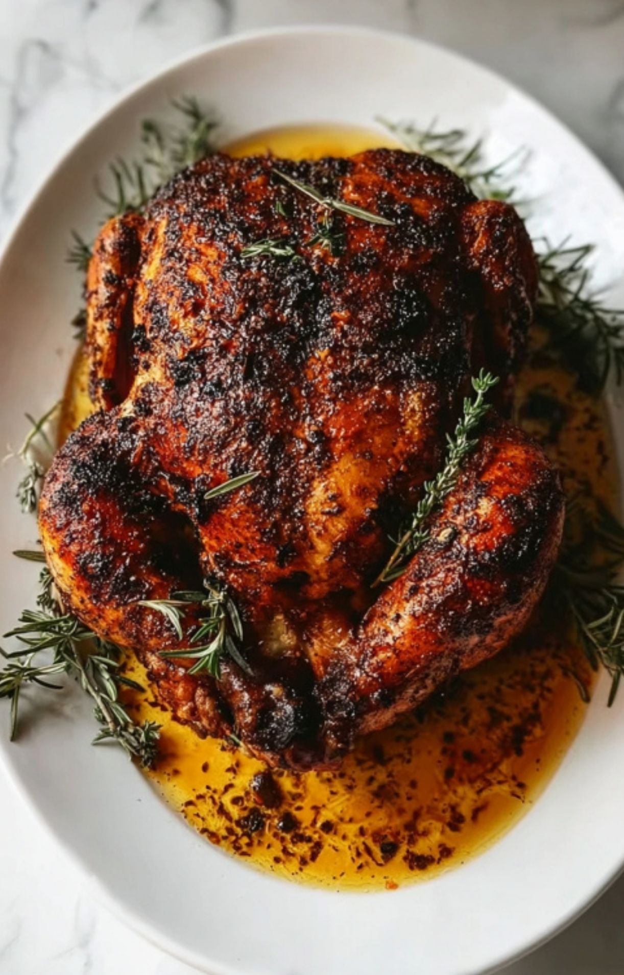 A whole, roasted Beer Can Chicken with dark, crispy skin resting on a white platter, surrounded by fresh rosemary and thyme in its own juices.