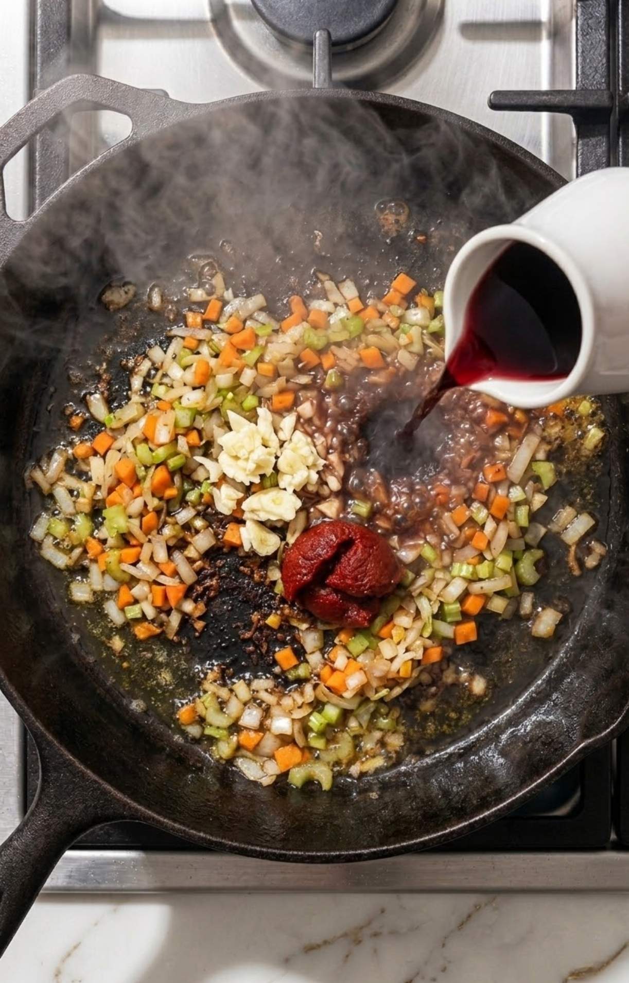 Red wine being poured into a cast-iron skillet with sautéed onions, carrots, celery, garlic, and tomato paste to create a flavor base for slow cooker beef cheeks.