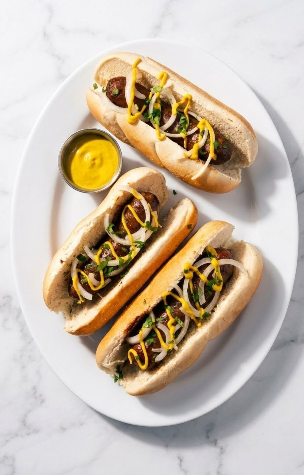 Three grilled beer-braised bratwursts in buns, topped with thin white onion slices, fresh parsley, and a drizzle of yellow mustard on a white platter.
