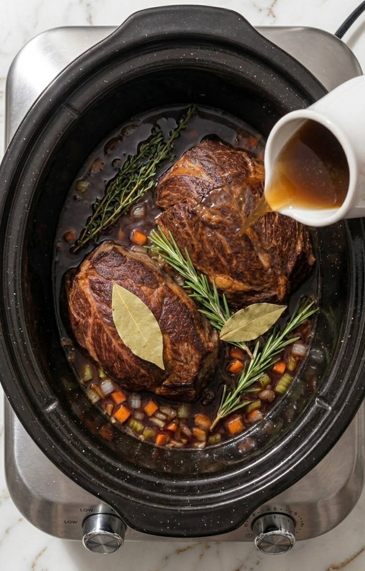 Beef broth being poured from a white ceramic pitcher into a slow cooker containing seared beef cheeks, fresh rosemary, thyme, bay leaves, and chopped carrots and celery.